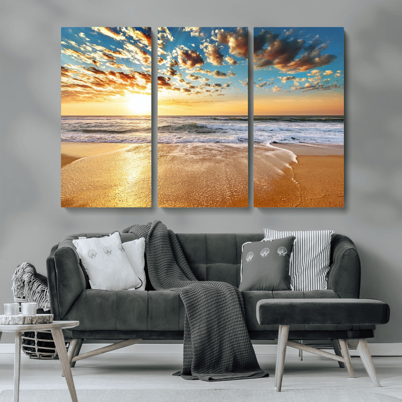 MGV-CV-48X32-3P - Golden Sunset Beach Print Canvas Wall Art, Giclee Canvas Print with Canon Print Quality, Triptych