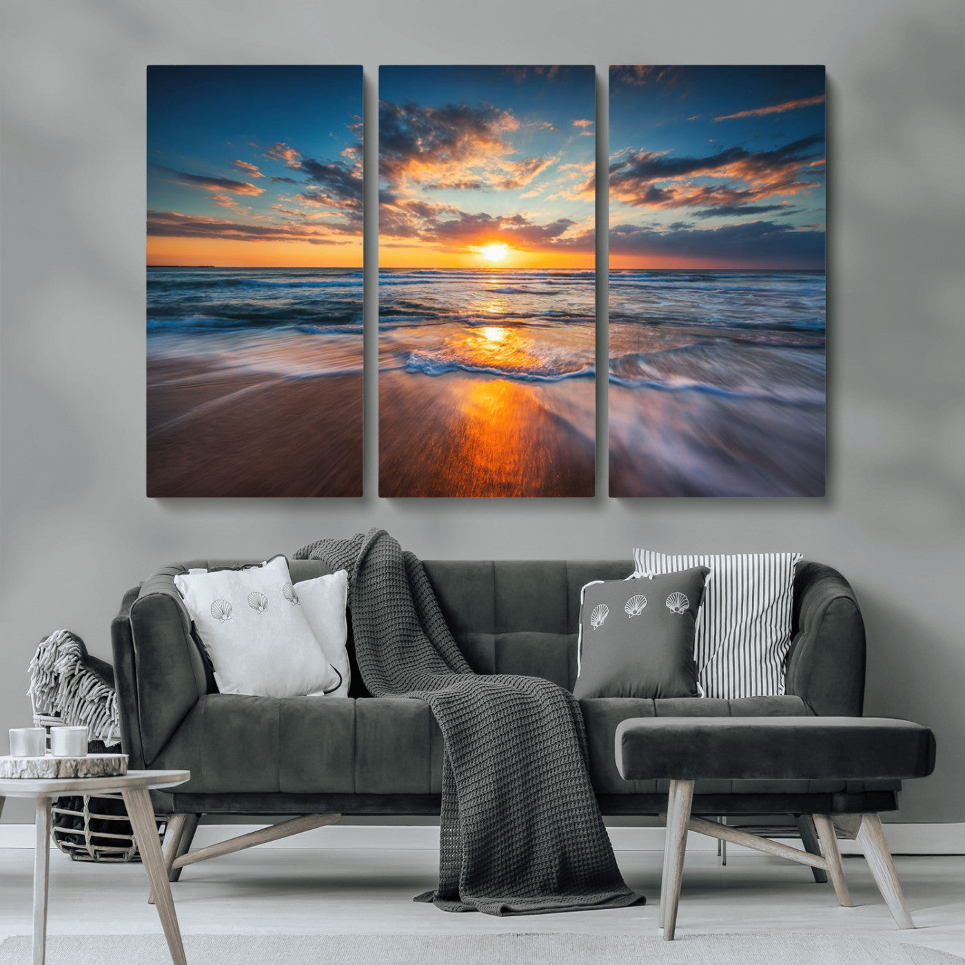 MGV-CV-48X32-3P - Sunset on the Ocean Beach with Waves, Reflections on Sand, Coastal Wall Art Print, Beach Wall Art,