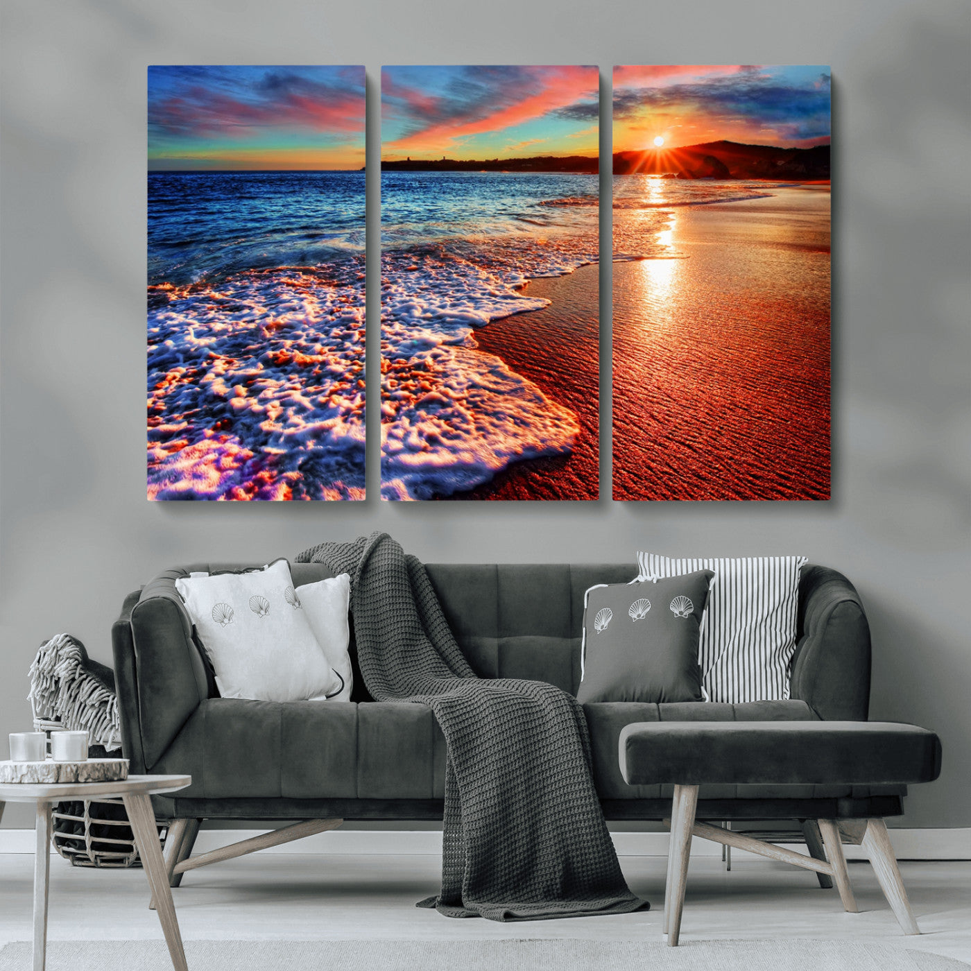 MGV-CV-48X32-3P - Colorful Coastal Sunset on the Beach Canvas Print, Ocean Waves Crashing at Dusk, Multi-Panel Seascape Vibrant Coastal Wall Art Canvas Print
