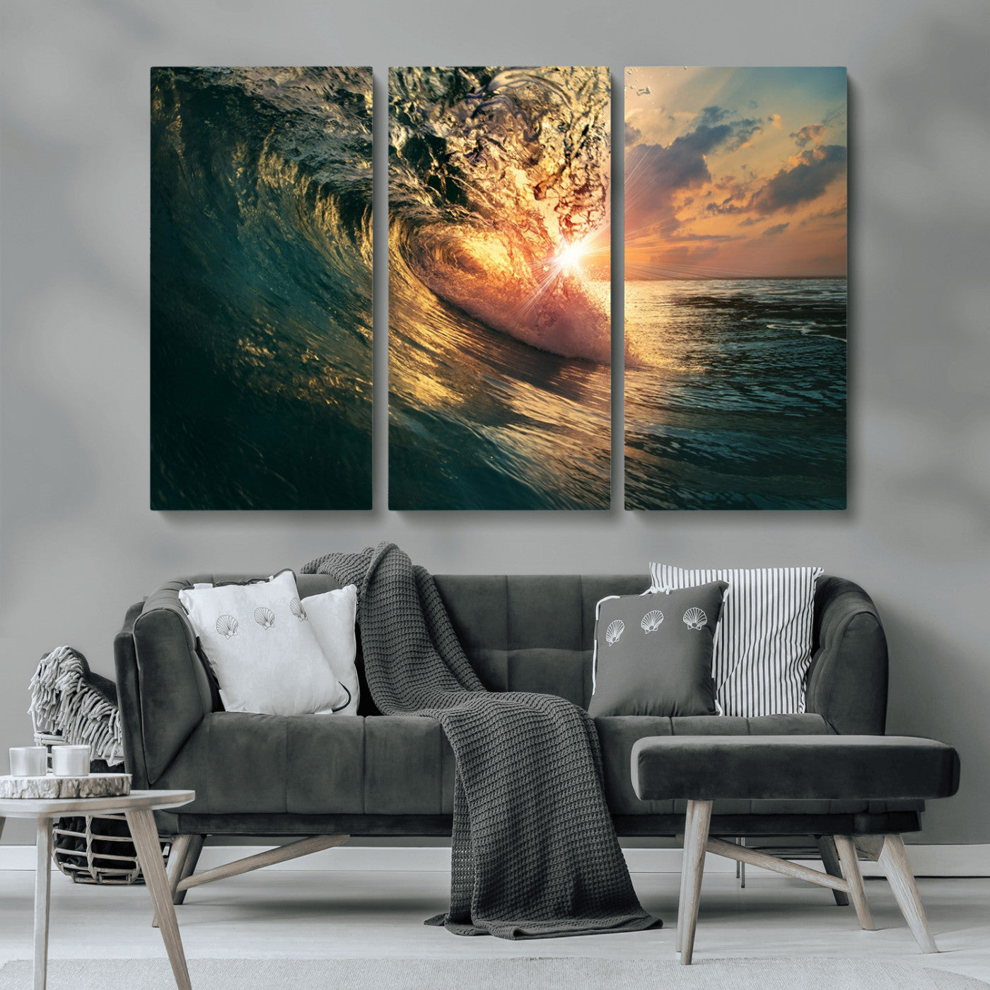 MGV-CV-48X32-3P - Ocean Wave Sunset Canvas Wall Art – Triptych Seascape Print – Framed and Ready to Hang for Living Room or Office