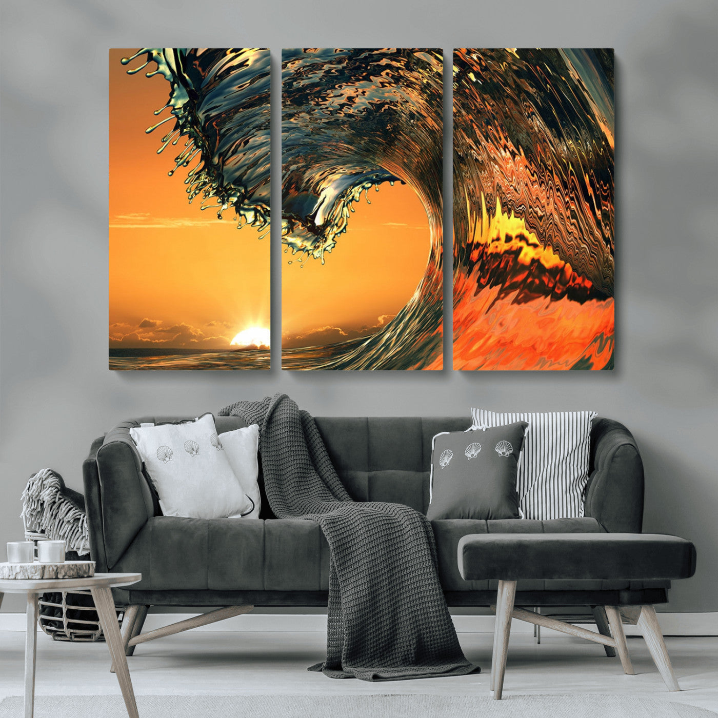 -Surf Wave Sunset Canvas Wall Art Print, 3-Panel Ocean Coastal Wall Art Print, Ocean Decor for