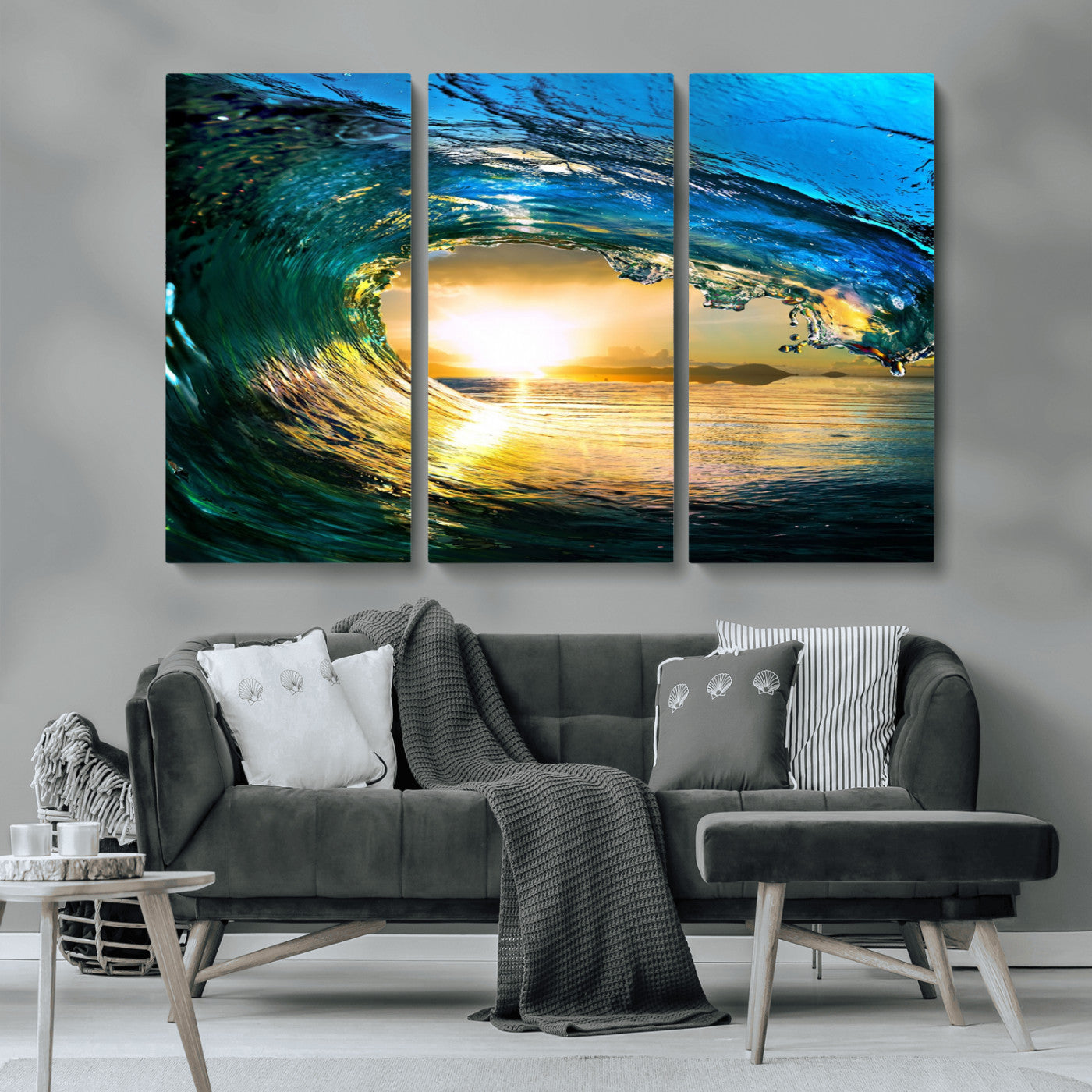 MGV-CV-48X32-3P - Ocean Wave at Sunset Canvas Art, Large Wall Print of Vibrant Water Waves, Coastal Art for Living Room and Dining Room