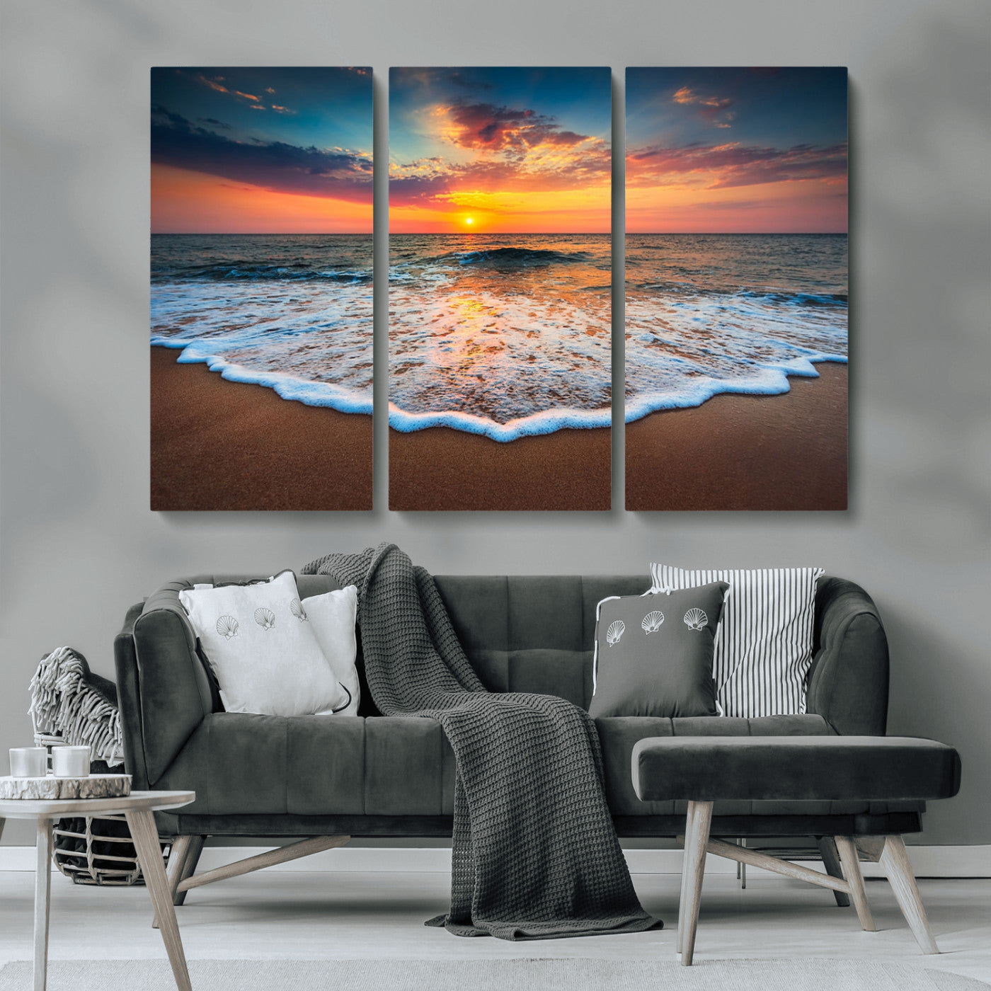 MGV-CV-48X32-3P - Sunset Beach Canvas Wall Art – Colorful Ocean Waves Triptych – Coastal Decor for Living Room or Bedroom – Framed and Ready to Hang