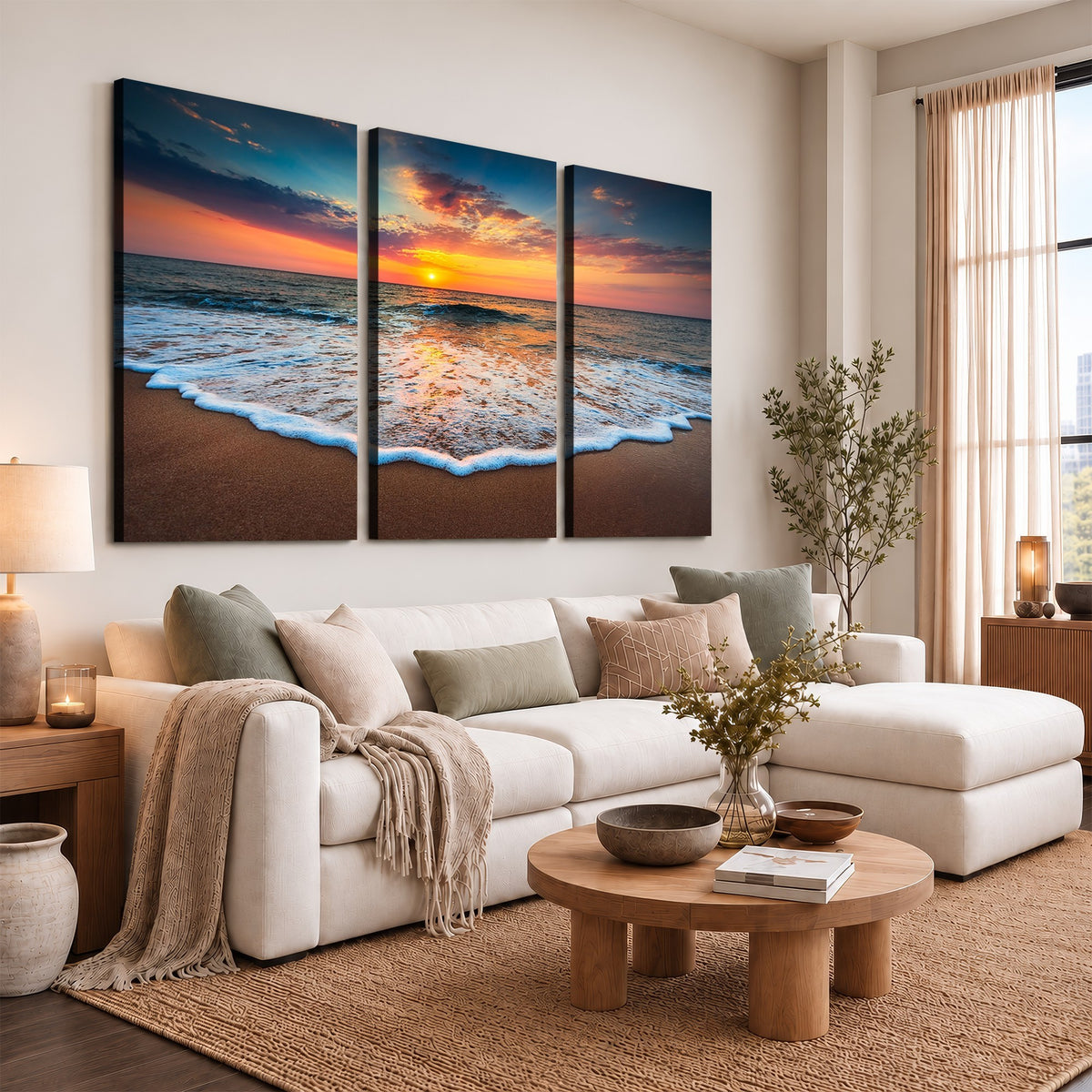 16110-MGV-CV-24X16 - Sunset Beach Canvas Wall Art | Colorful Ocean Waves Triptych