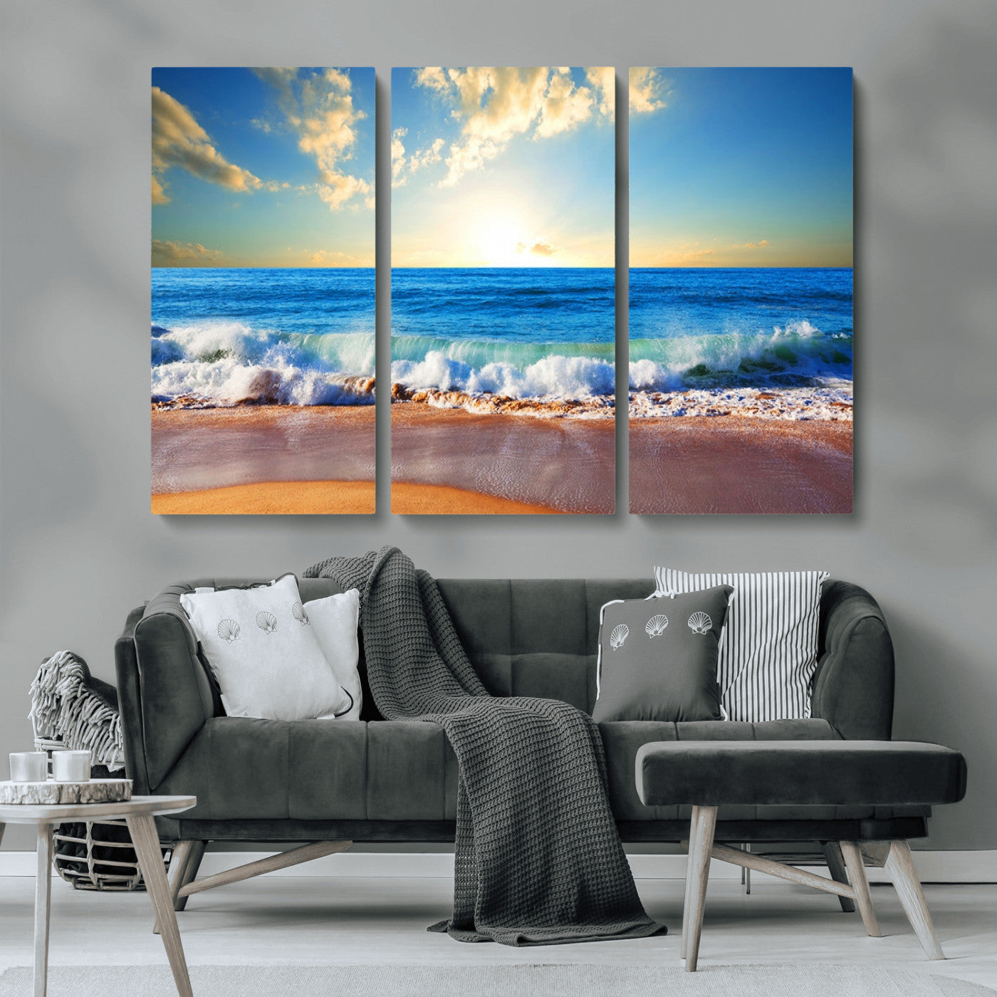 MGV-CV-48X32-3P - Tropical Beach Sunset Canvas Art, Ocean Waves and Sandy Shoreline Wall Art, Large Beach Decor for Coastal Homes