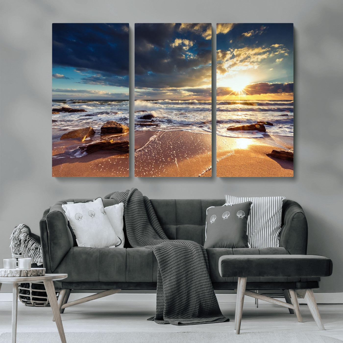 MGV-CV-48X32-3P - Golden Hour Beach Sunset Canvas Triptych, Ocean Waves and Rocks Wall Art for Coastal Home Decor