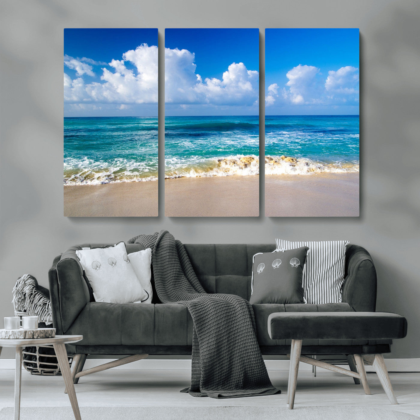 MGV-CV-48X32-3P - Tropical Beach 3-Panel Canvas Wall Art – Serene Ocean Waves and Blue Sky – Giclée Print for Living Room, Office, or Bedroom Coastal Decor