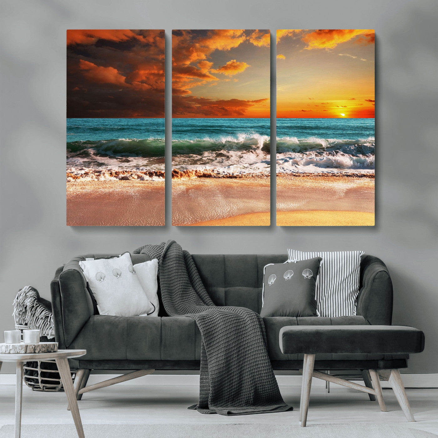 MGV-CV-48X32-3P - Golden Sunset Beach Canvas Wall Art – Triptych Seascape Print – Framed and Ready to Hang for Living Room or Office