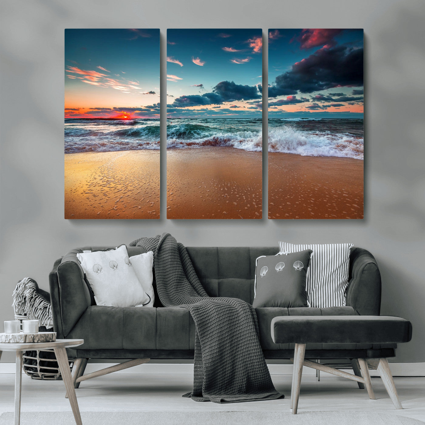 MGV-CV-48X32-3P - Sunset Ocean Beach Wall Art – Giclee Canvas Print, Coastal Seascape, Ready to Hang, Beach Decor, Large 3-Panel Set for Living Room
