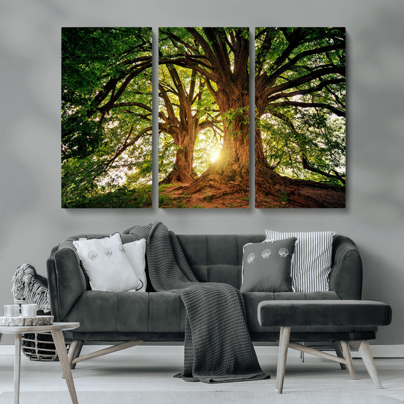MGV-CV-48X32-3P - Majestic Ancient Tree Wall Art, Nature-Inspired Canvas Print, Woodland Art, Tree of Life Artwork, Sunlit Forest, Giclee Nature Print