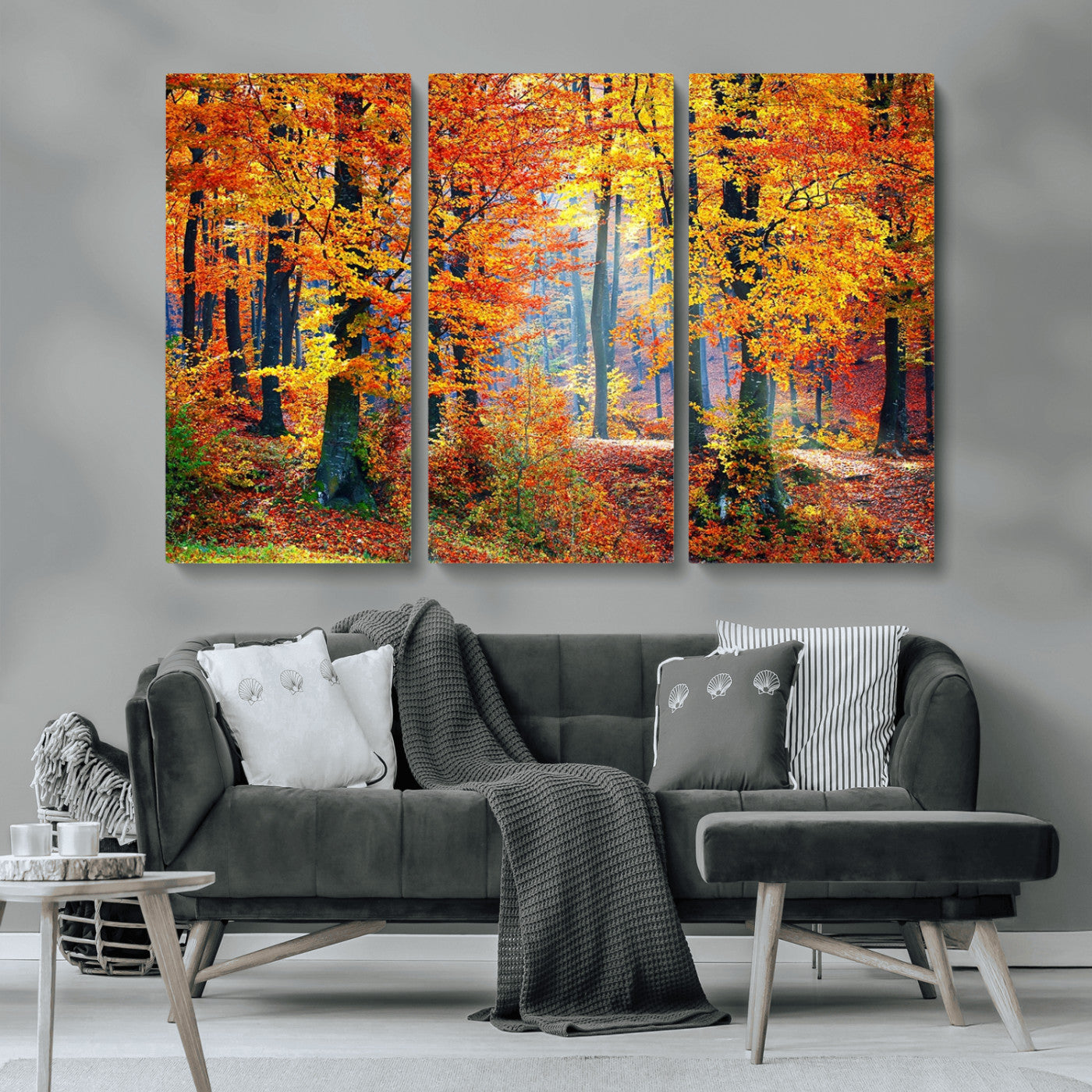 MGV-CV-48X32-3P - Autumn Red Forest Triptych Canvas Wall Art Print, Forest Wall Decor, Fall Landscape Art | Season Nature Landscape for Home or Office
