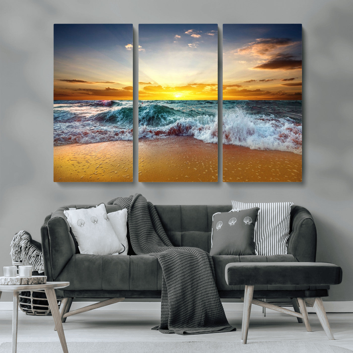 MGV-CV-48X32-3P - Golden Sunset Ocean Waves Wall Art Canvas Print – Multi Panel Beach Canvas Print Set – Large Coastal Triptych Print for Home or Farmhouse Decor