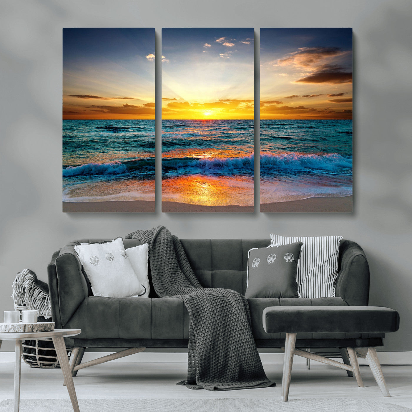 MGV-CV-48X32-3P - Vibrant Ocean Sunrise Over Golden Beach Waves, Giclee Canvas Wall Art Set, High-Quality Stretched Canvas Print, Ready to Hang Coastal Sunset Wall