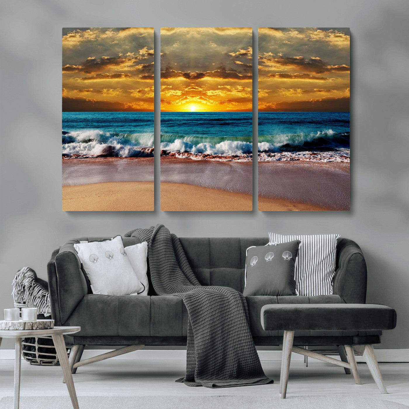 MGV-CV-48X32-3P - Ocean Sunrise Over Golden Beach Waves, Giclee Canvas Wall Art Set, High-Quality Stretched Canvas Print, Ready to Hang Coastal Sunset Wall Decor