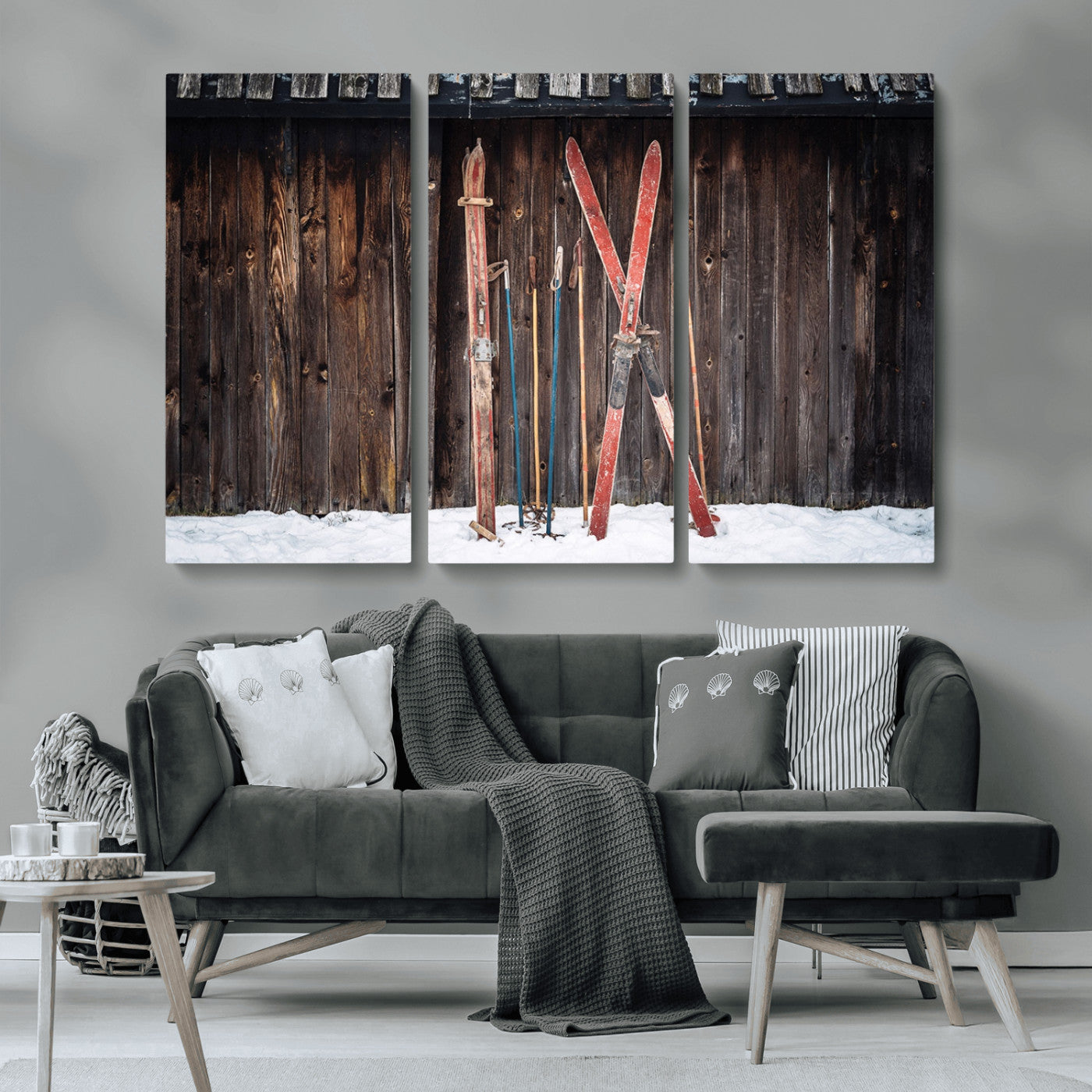 MGV-CV-48X32-3P - Vintage Ski Gear Against Wooden Cabin Wall, Rustic Winter Sports Equipment Canvas Print, Ready to Hang Wall Art, Perfect for Lodge or Ski Cabin Decor