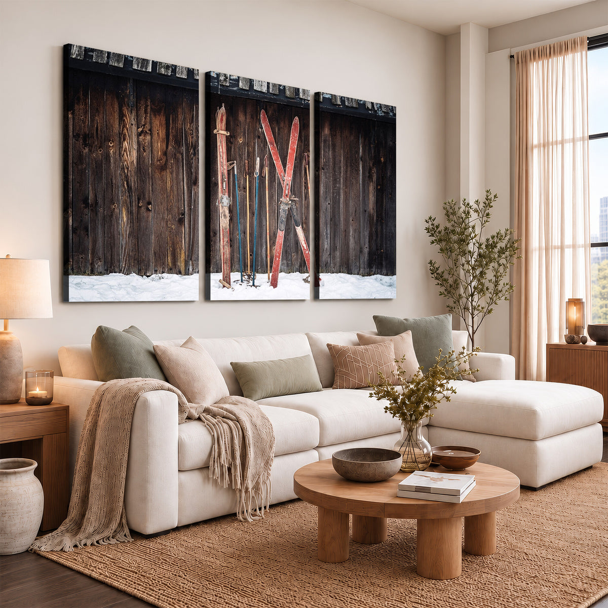 78590-MGV-CV-36X24 - Vintage Ski Gear Canvas Print, Vintage Ski Gear Against Wooden Cabin Wall
