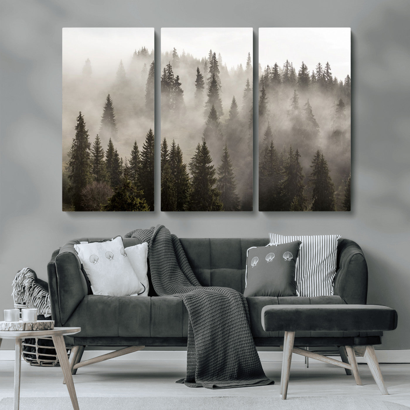 MGV-CV-48X32-3P - Foggy Mountain Wall Art | 3-Panel Foggy Forest and Mountain Landscape | Large Giclee Print for