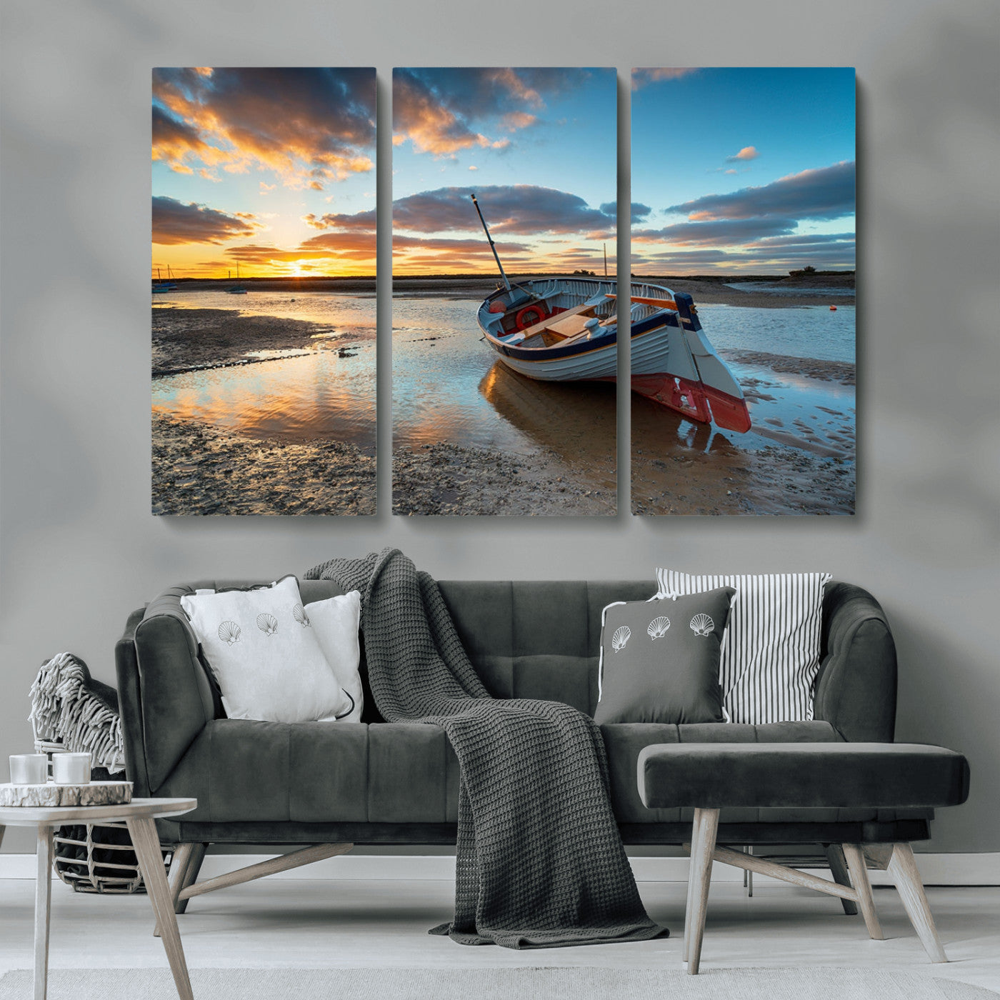MGV-CV-48X32-3P - Small Boat At The Beach Sunset Wall Art, Boat Sunset Wall Art Canvas Print