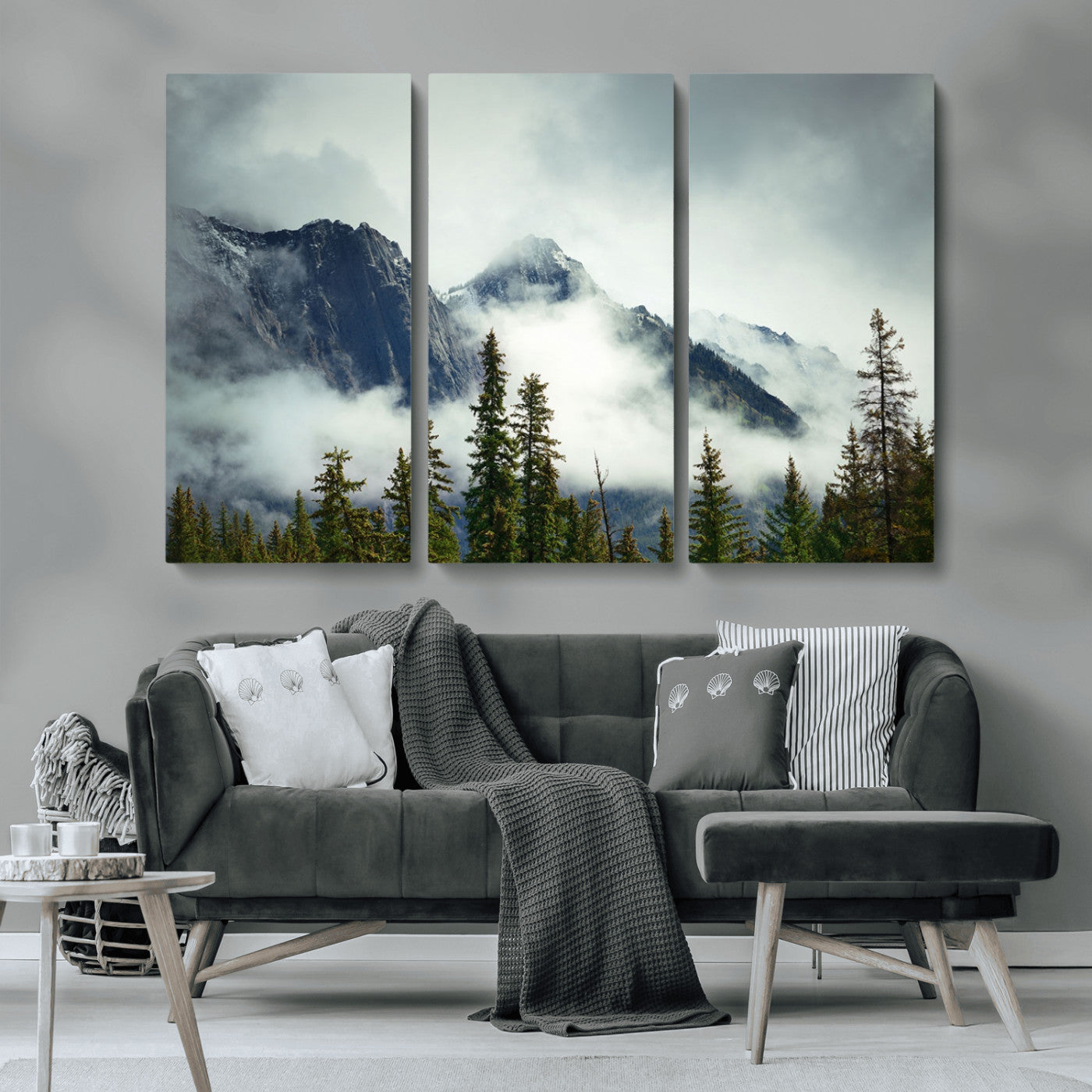 MGV-CV-48X32-3P - Mountain Mist Canvas Wall Art | 3-Panel Foggy Forest and Mountain Landscape | Large Giclee Print for Living Room, Office, or Cabin, Farmhouse Decor