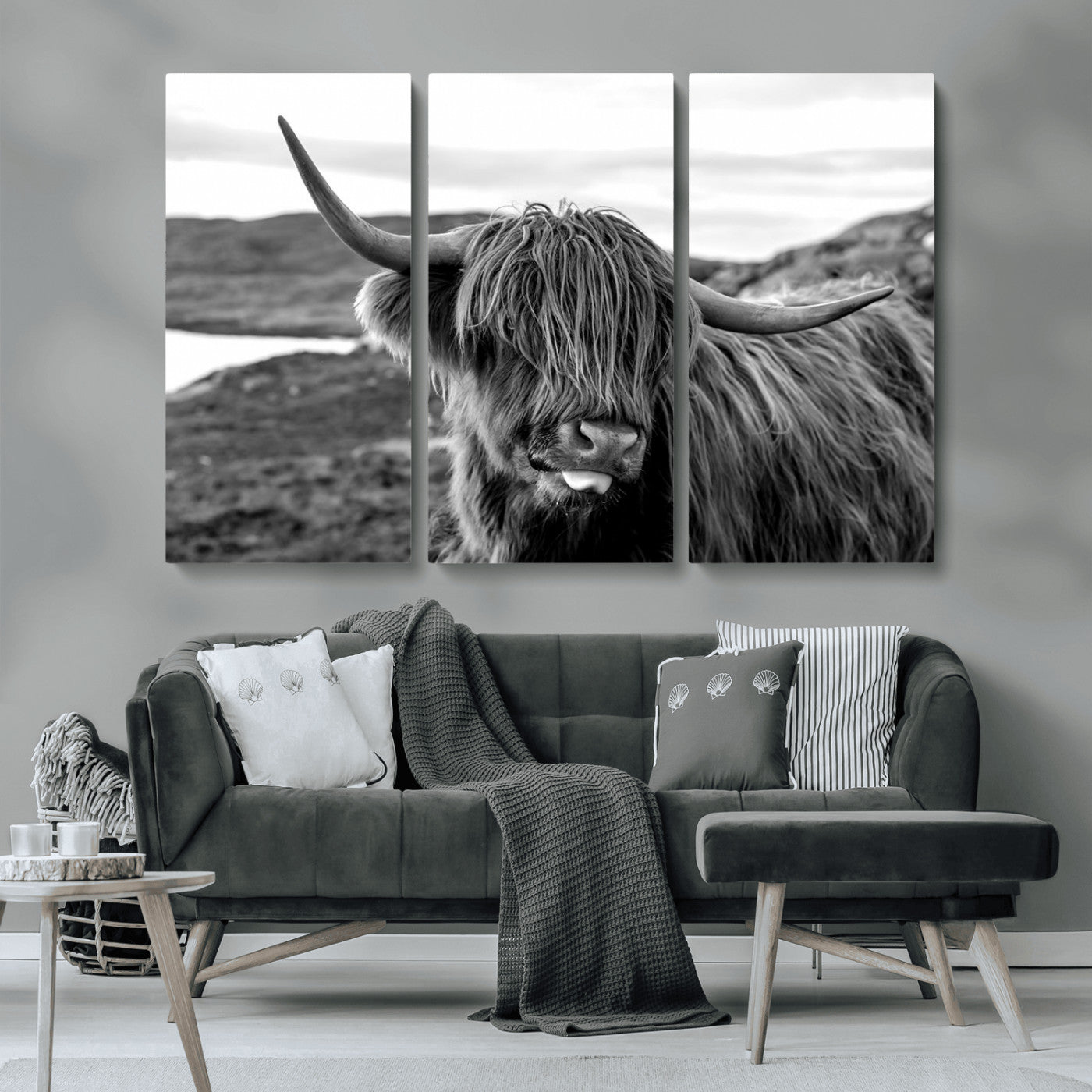 MGV-CV-48X32-3P - Highland Cow Canvas Wall Art – Black and White Animal Portrait – Framed and Ready to Hang Rustic Farmhouse Decor for Living Room or Office
