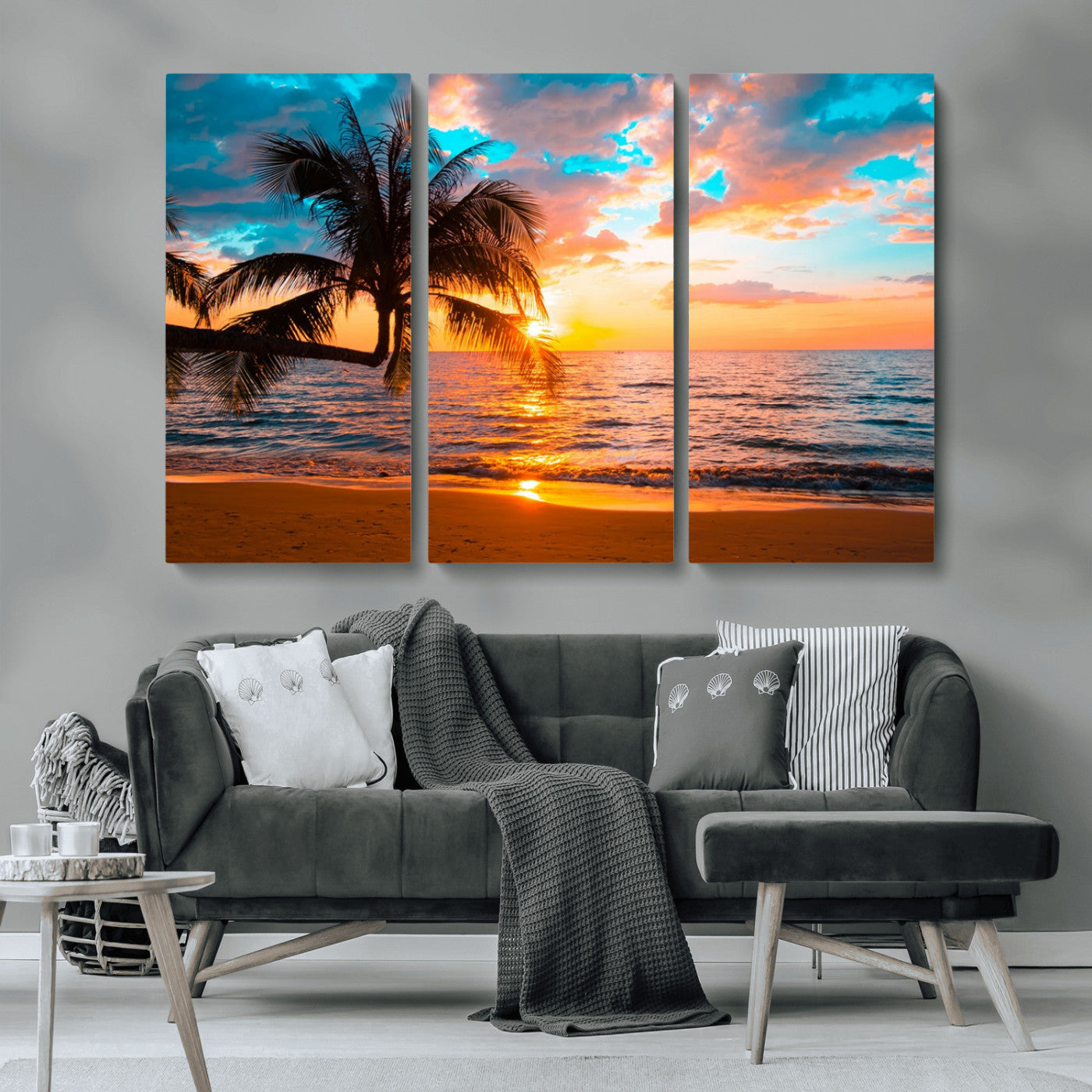 -Palm Tree Sunset On The Beach Wall Art Canvas, Framed Palm Tree Sunset Canvas Print