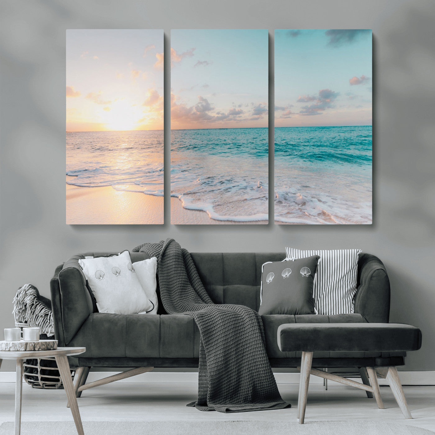 MGV-CV-48X32-3P - Tranquil Ocean Beach Sunset Canvas Wall Art | 3-Panel Coastal Decor