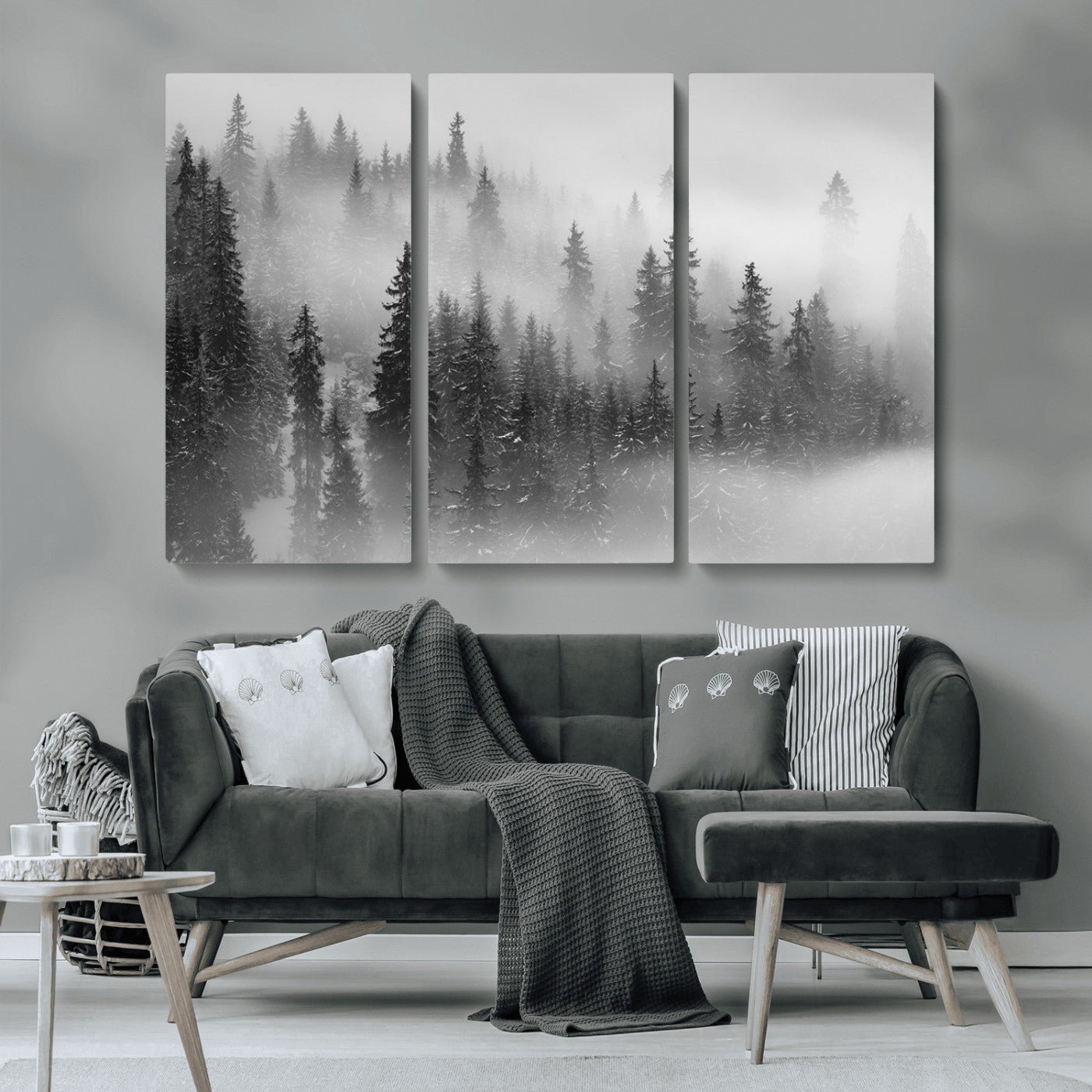 MGV-CV-48X32-3P - Black and White Forest Wall Art Print – Misty Pine Tree Canvas Print – Winter Woodland Nature Artwork – Perfect for Minimalist Home Decor