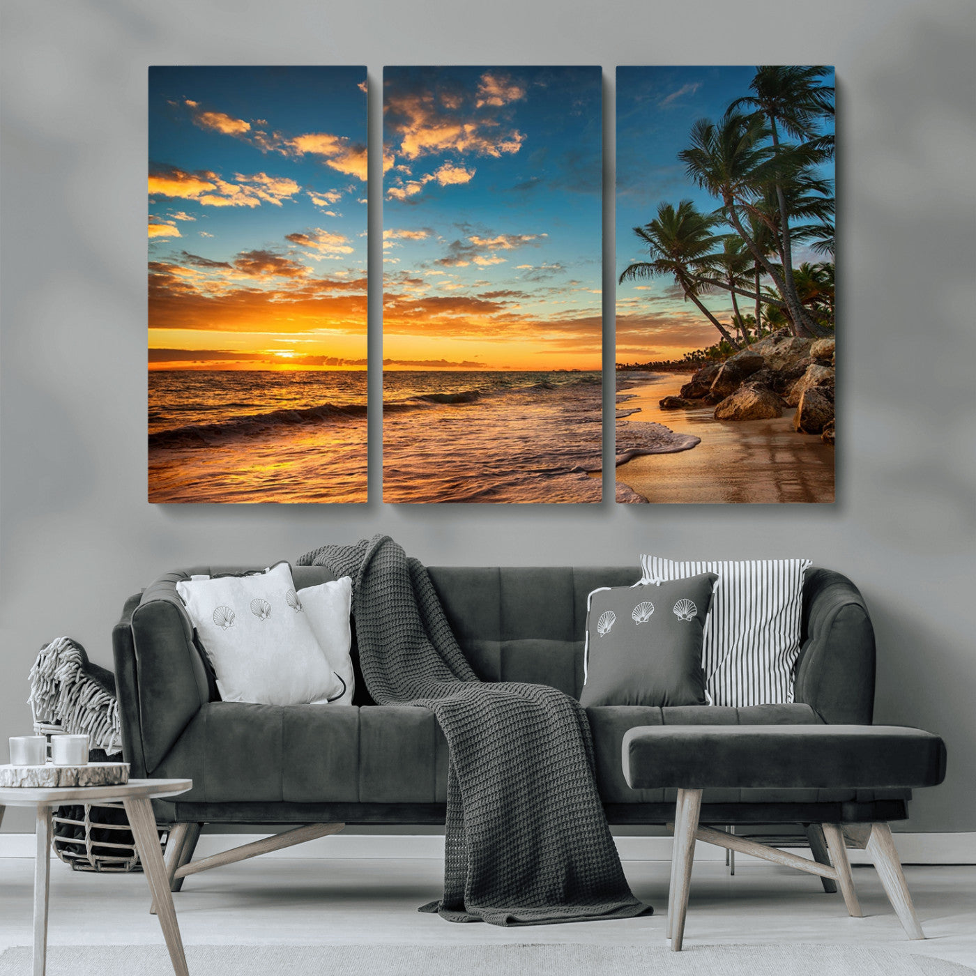 MGV-CV-48X32-3P - Tropical Beach Sunset Wall Art Print – Palm Tree Coastal Canvas Print – Ocean Seascape Artwork – Perfect for Tropical Modern Home Decor