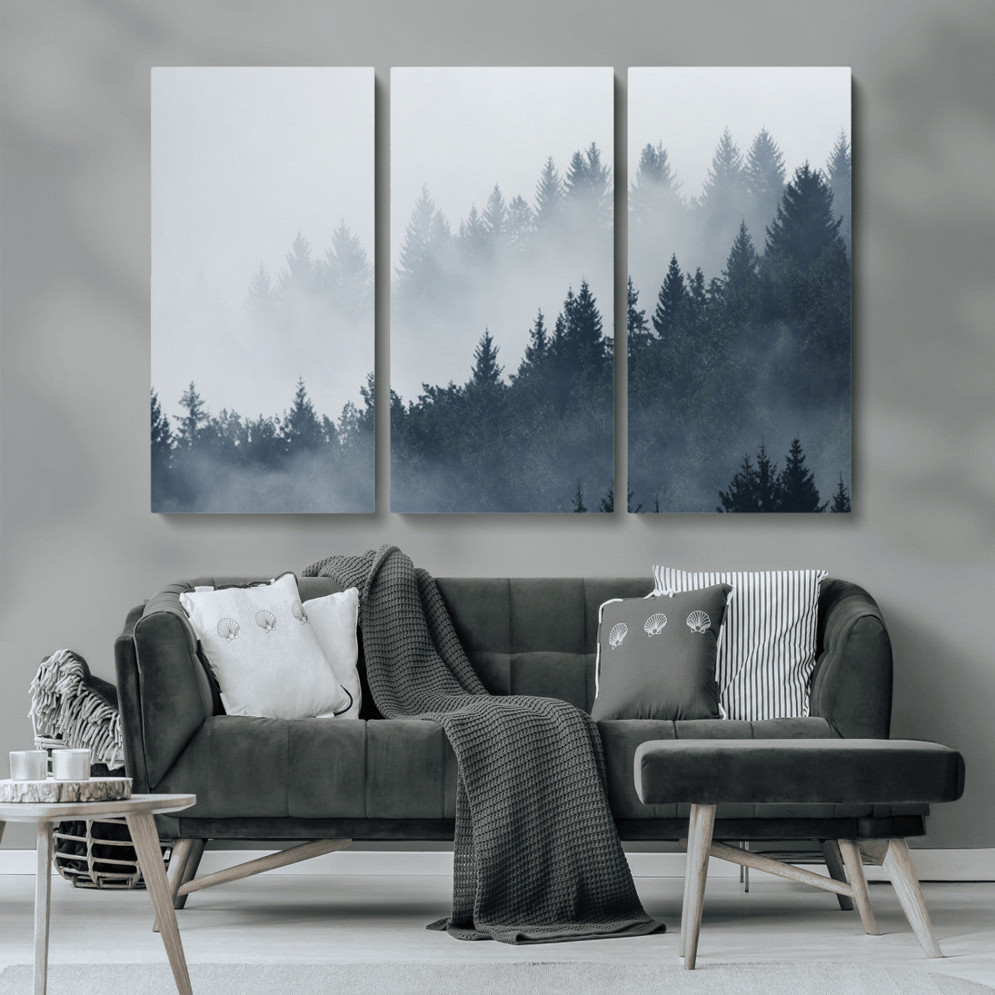 MGV-CV-48X32-3P - Misty Forest Wall Art Print – Foggy Pine Tree Canvas Print – Dark Woodland Nature Artwork – Perfect for Minimalist and Modern Home Decor