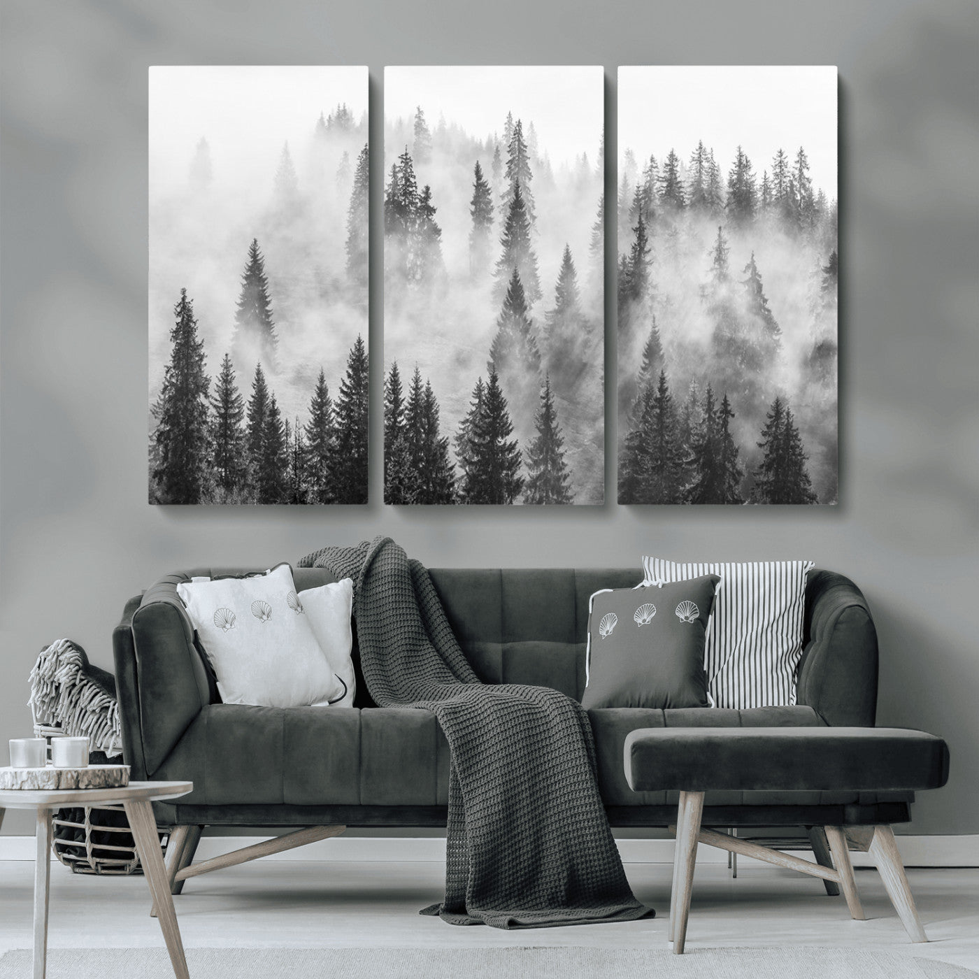MGV-CV-48X32-3P - Forest Wall Art Print | Foggy Pine Forest Canvas Wall Art - Black and White Nature Decor for Living