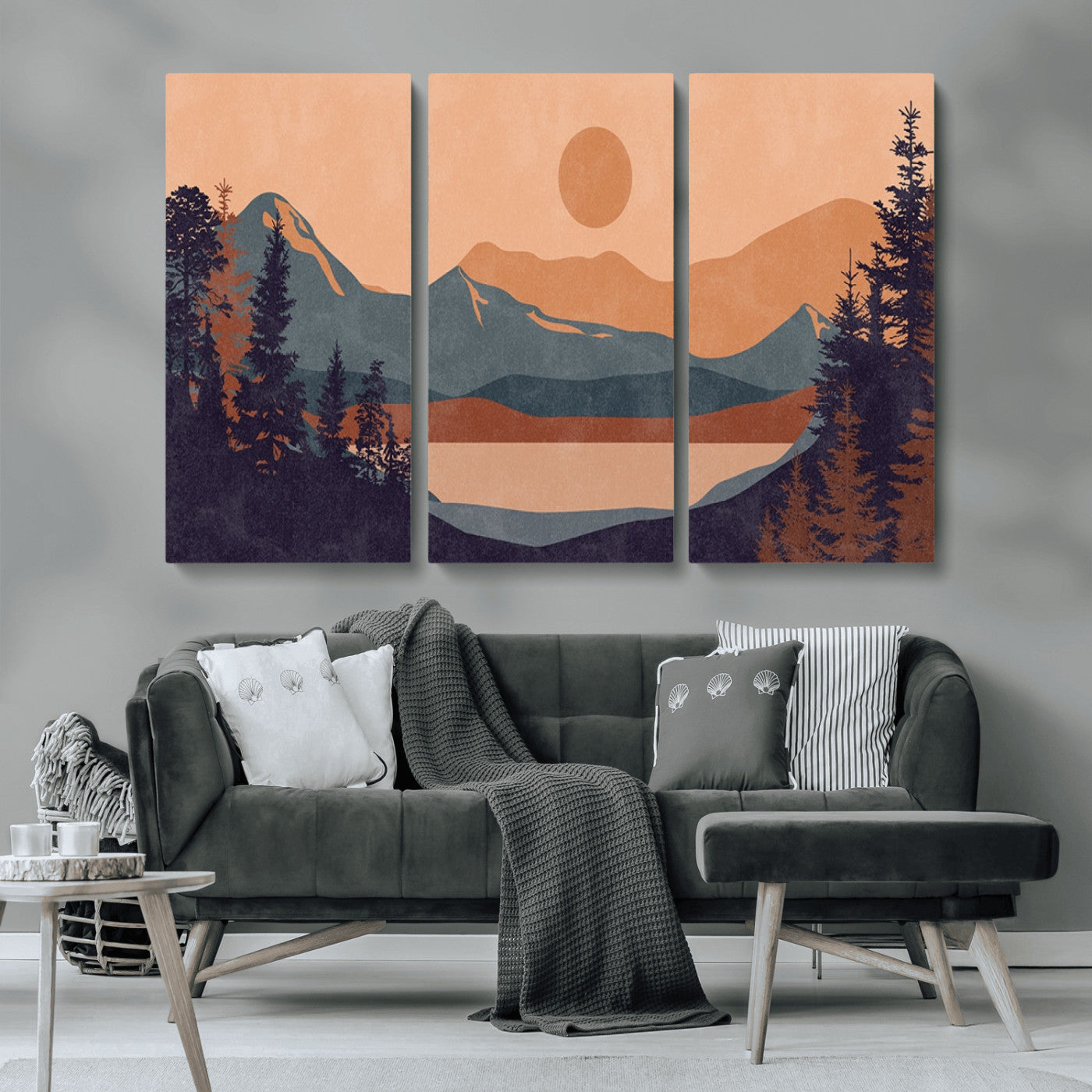 MGV-CV-48X32-3P - Modern Boho Sunset Canvas Print, Mountain Landscape Triptych – Giclée Canvas Art Print for Living