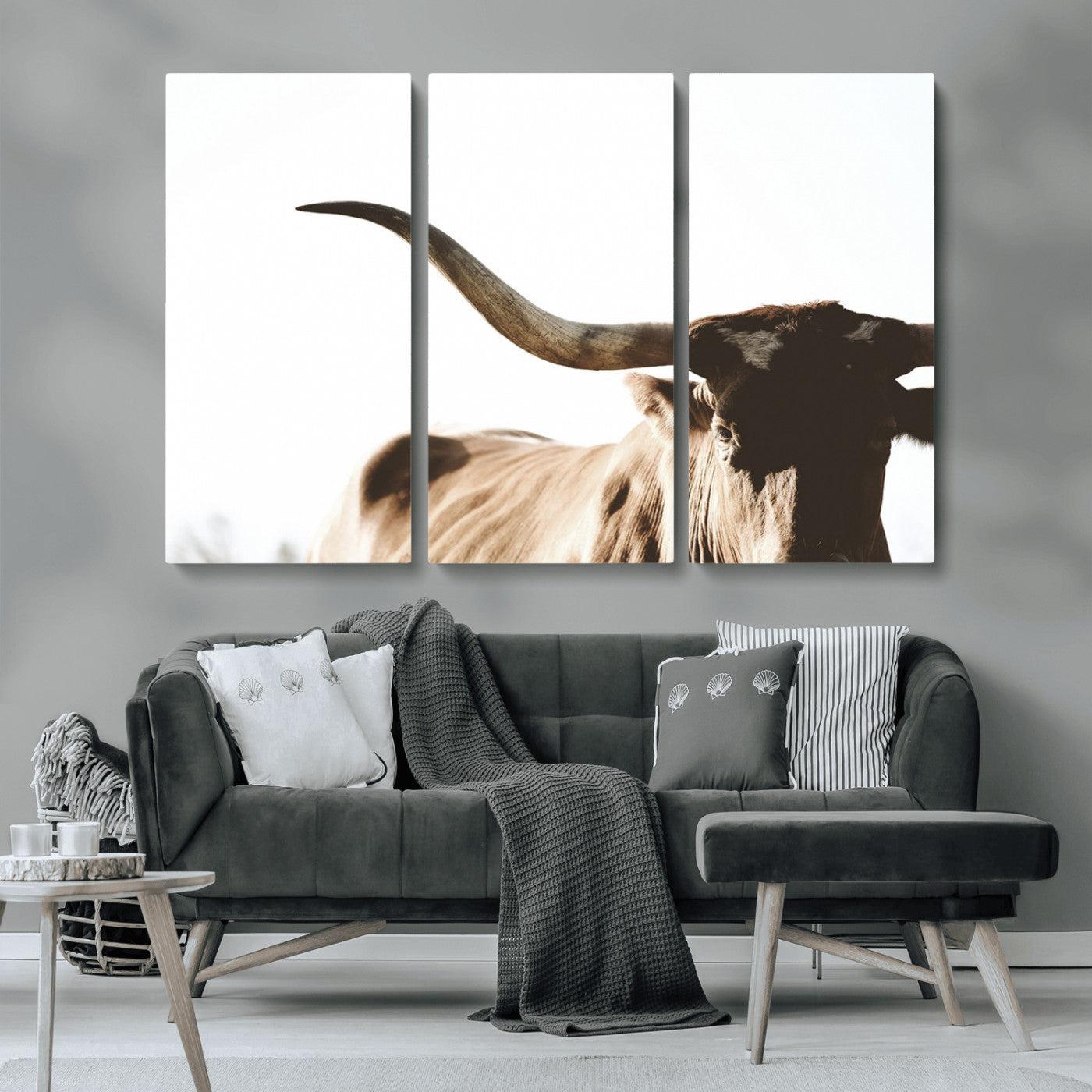 MGV-CV-48X32-3P - Texas Longhorn Wall Art Canvas Print | 3-Panel Large Longhorn Canvas Print for Living Room, Framed Gallery Wrap Office, Rustic Western Cowboy Decor
