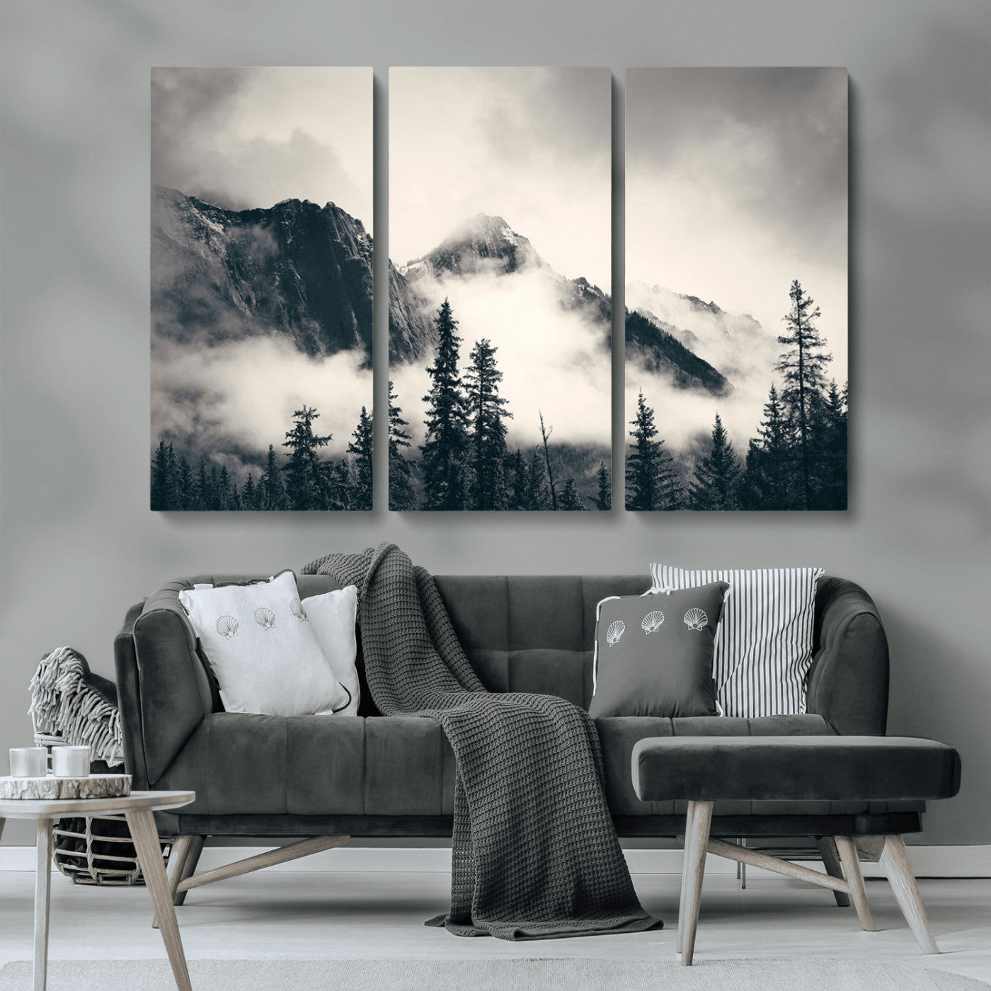 MGV-CV-48X32-3P - Large Foggy Mountain Forest Wall Art Canvas Print | Misty Mountain Peaks and Pine Trees Print | Framed Gallery Wrap | Rustic Nature Farmhouse Decor
