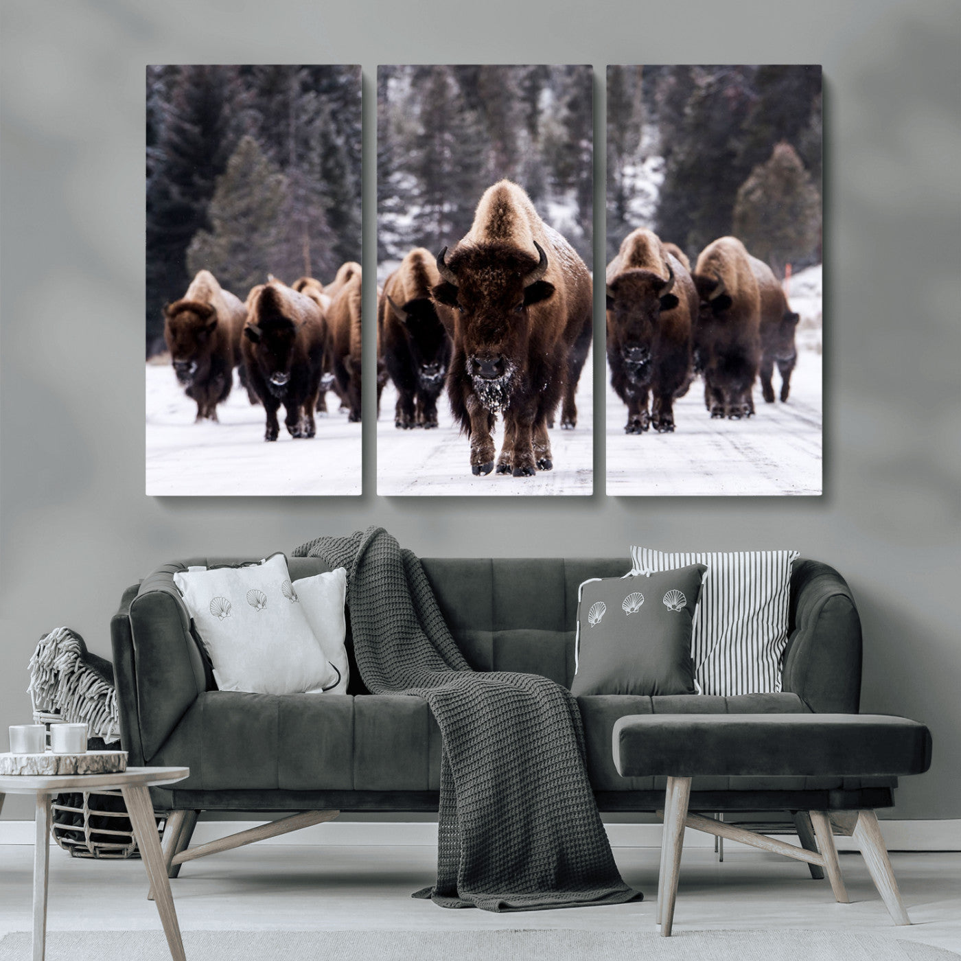 MGV-CV-48X32-3P - Bison Wall Art Canvas Print- Bison Herd Canvas Wall Art – Majestic Wildlife Photography – Framed and Ready to Hang Nature-Inspired Art - Buffalo Wall Art Print