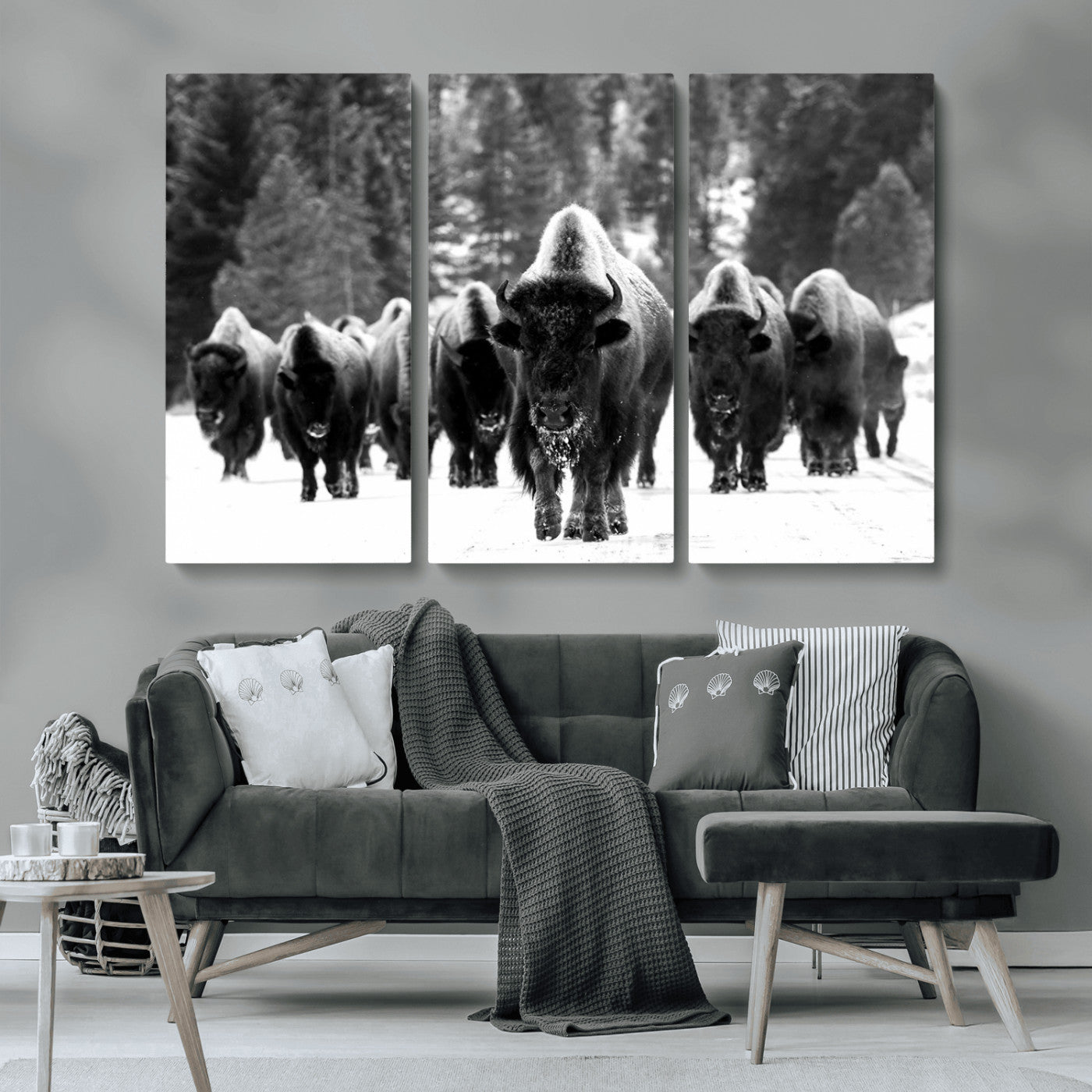 62434-MGV-CV-36X24-Bison Herd in Snow Wall Art Canvas Print | Rustic Western Bison Wall Art for Decor for Living Room,