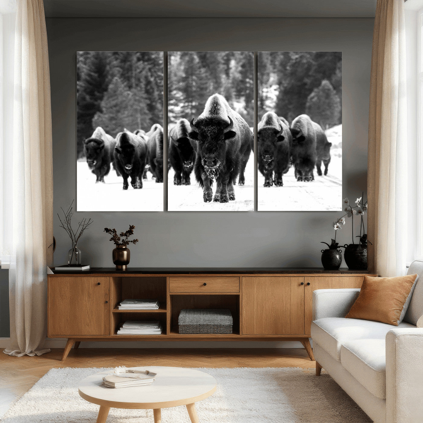 62434-MGV-CV-36X24 - Bison Herd in Snow Wall Art Canvas Print | Rustic Western Bison Wall Art for Decor for Living Room,