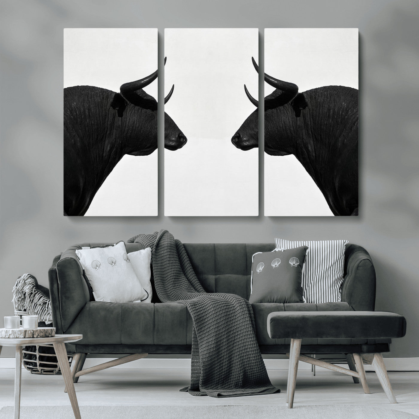 -Spanish Bull Art - Framed Black and White Bull Canvas Print for Modern Rustic Home or Office Decor