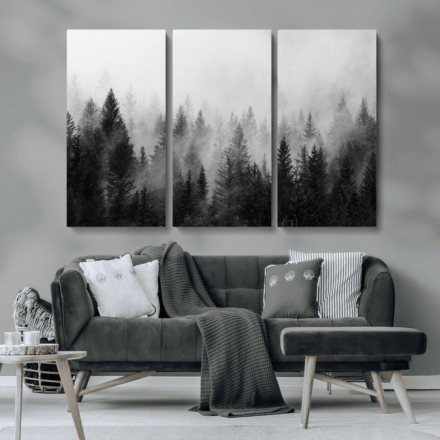 MGV-CV-48X32-3P - Foggy Black and White Forest Wall Art, 3 Panel Misty Pine Trees Canvas Print for Living Room, Office, or Bedroom, Nature-Inspired Woodland Wall Decor