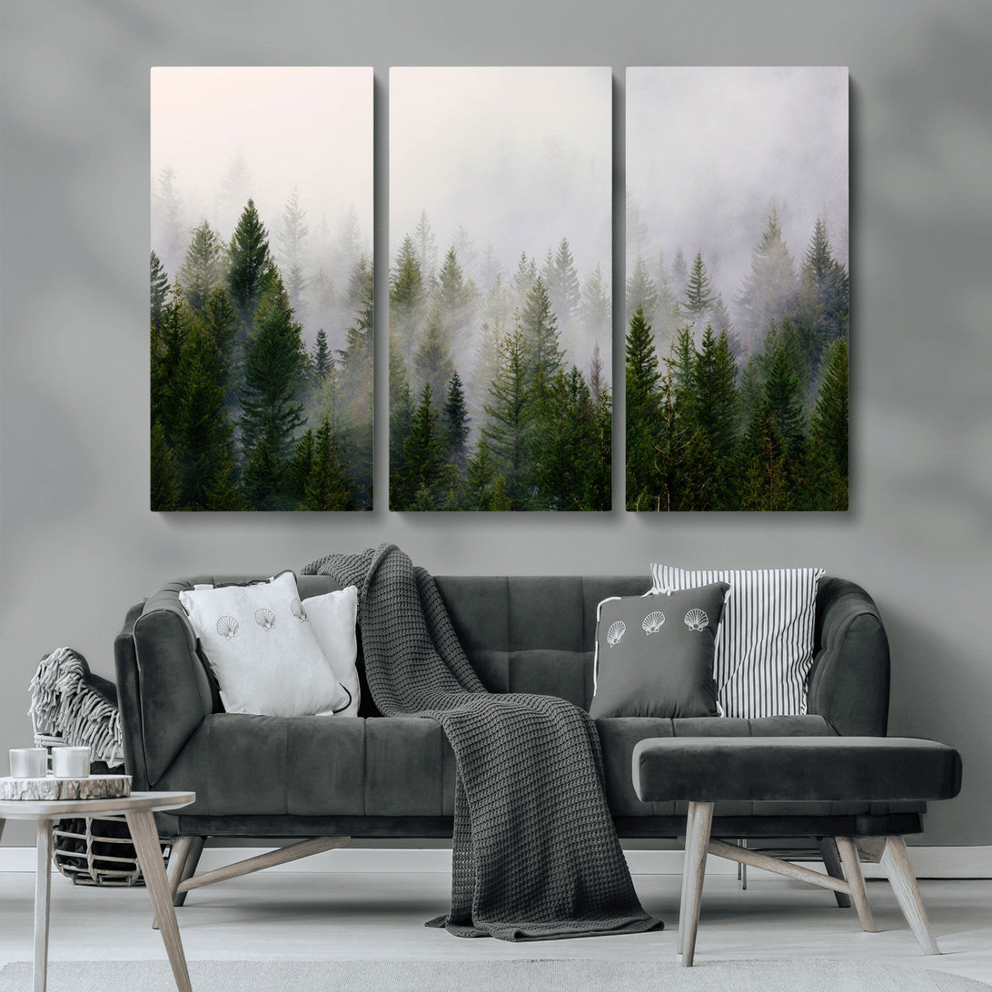 MGV-CV-48X32-3P - Misty Pine Forest Wall Art Canvas Print | 3 Panel Green Woodland Canvas Print for Living Room, Office, or Dining Room | Nature Foggy Forest Decor