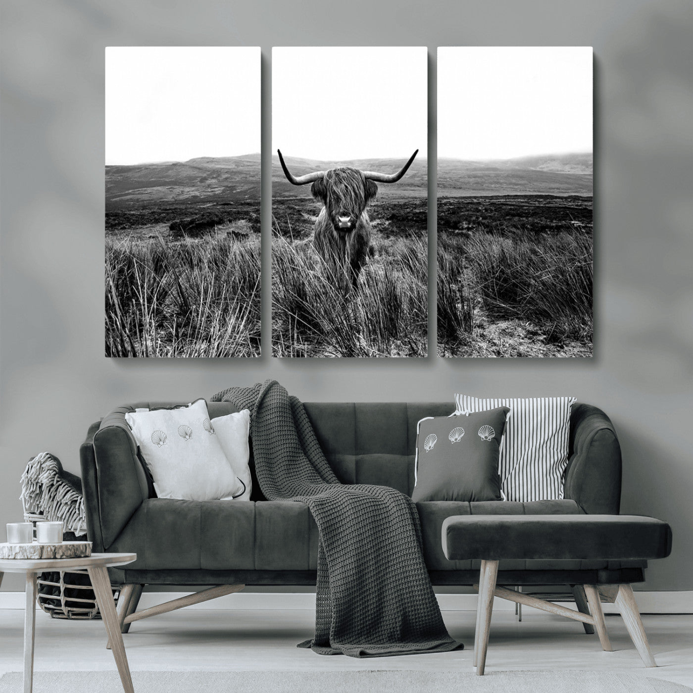 MGV-CV-48X32-3P - Black and White Highland Cow Canvas Wall Art, Longhorn Triptych Western Wall Decor for Cabin -
