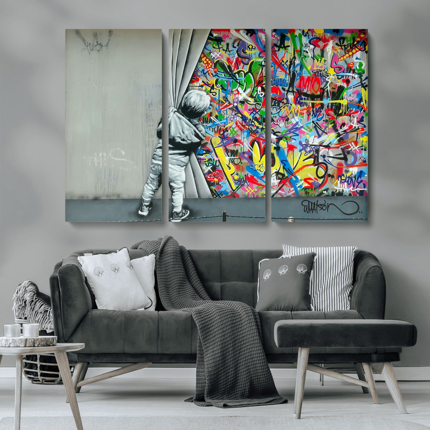MGV-CV-48X32-3P - Banksy Colorful Street Graffiti Canvas Wall Art Print, Modern Art Triptych, Child and Graffiti Wall, Urban Art for Home or Office Decor