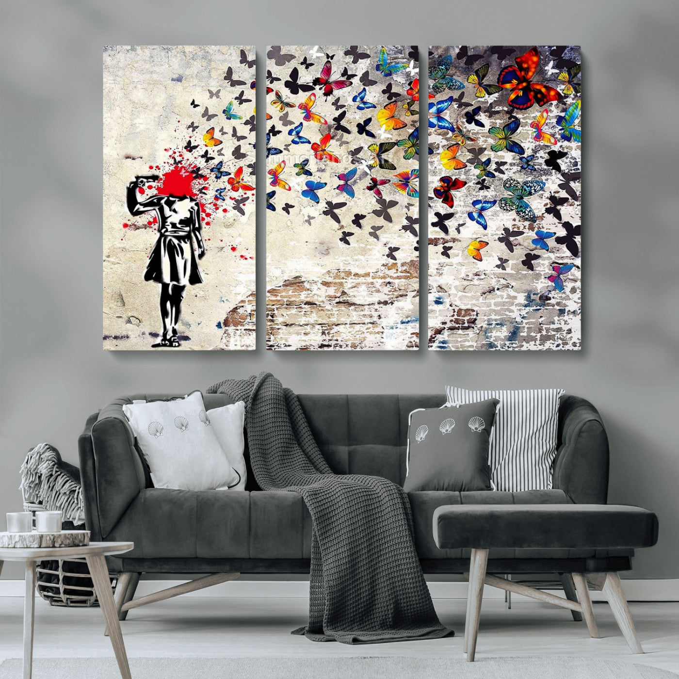 MGV-CV-48X32-3P - Banksy Art Butterfly Girl Explosion Canvas Art – Vibrant Urban Graffiti for Modern Interiors - Ready to Hang