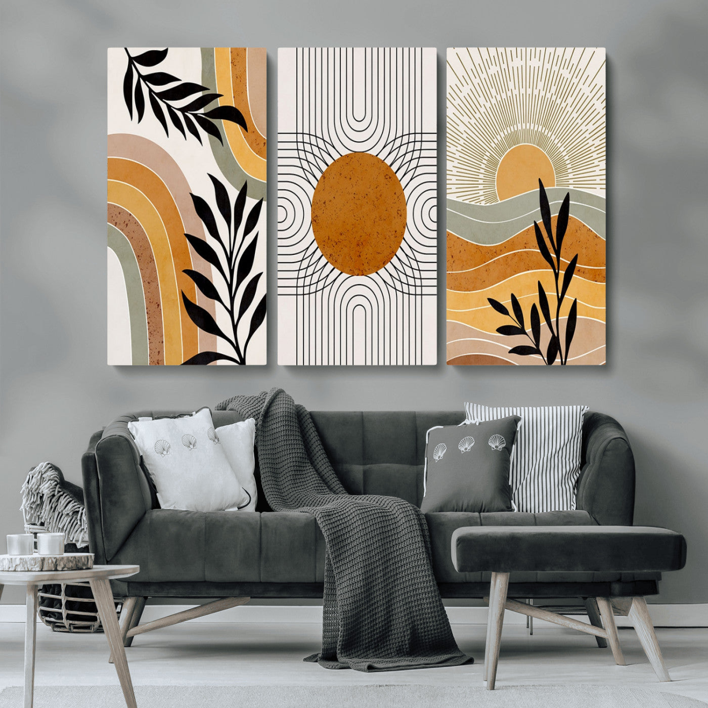 MGV-CV-48X32-3P - Modern Boho Sun and Leaf Abstract Art – 3-Panel Giclée Canvas for Mid-Century Modern or Bohemian