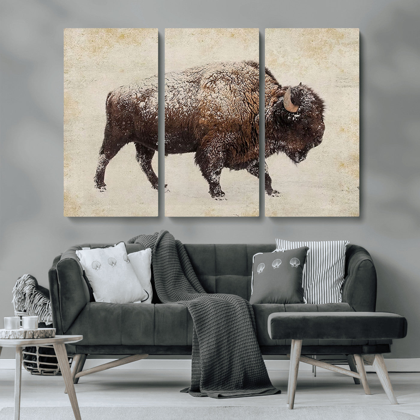 MGV-CV-48X32-3P - Buffalo Wall Art, Western Bison Canvas Print, Rustic Buffalo Art for Cowboy Western Decor, Large Multi-Panel Giclee Canvas for Farmhouse Wall Decor