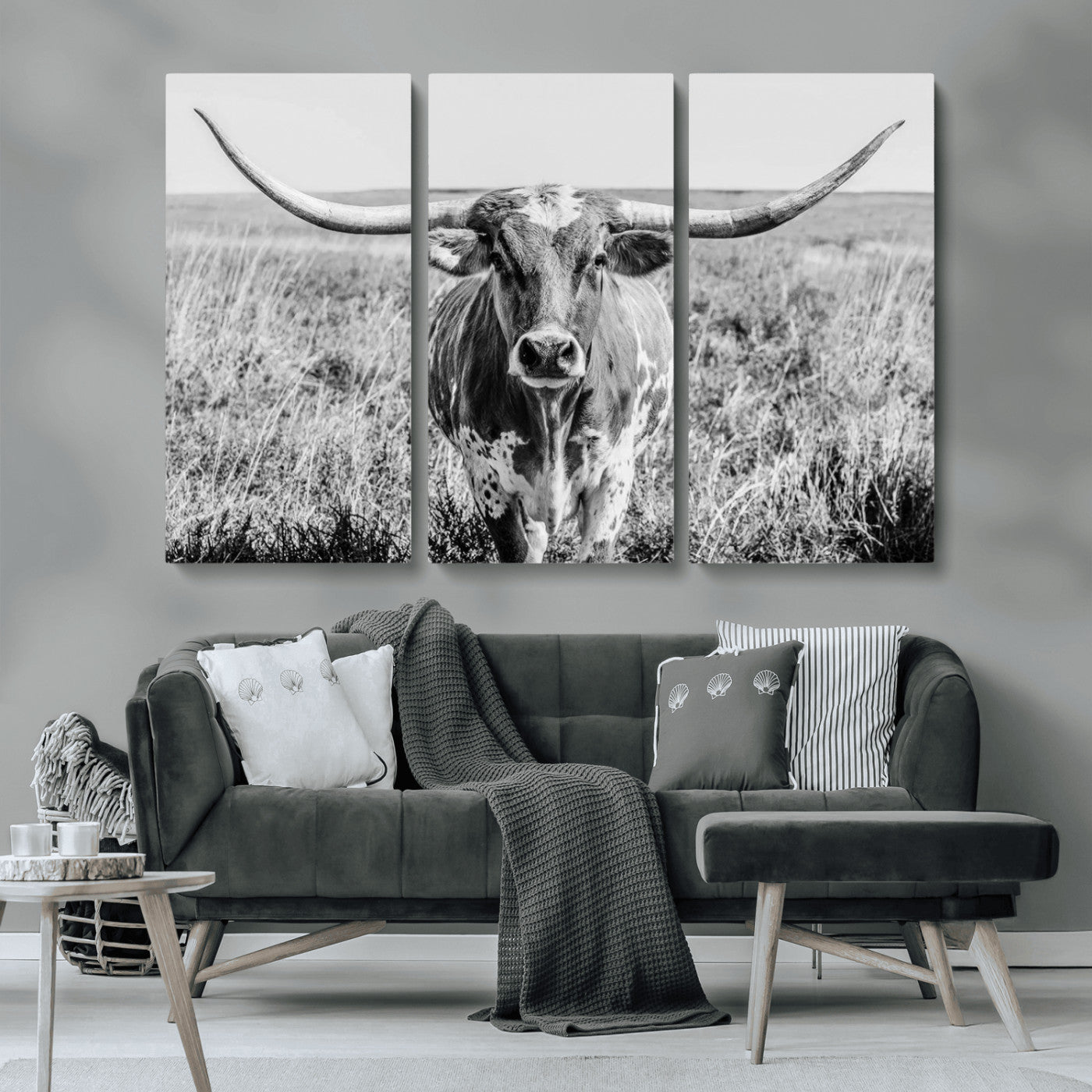 MGV-CV-48X32-3P - Texas Cow Longhorn Wall Art Canvas Print for Farm House Wall Decor, Farmhouse Wall Art Print