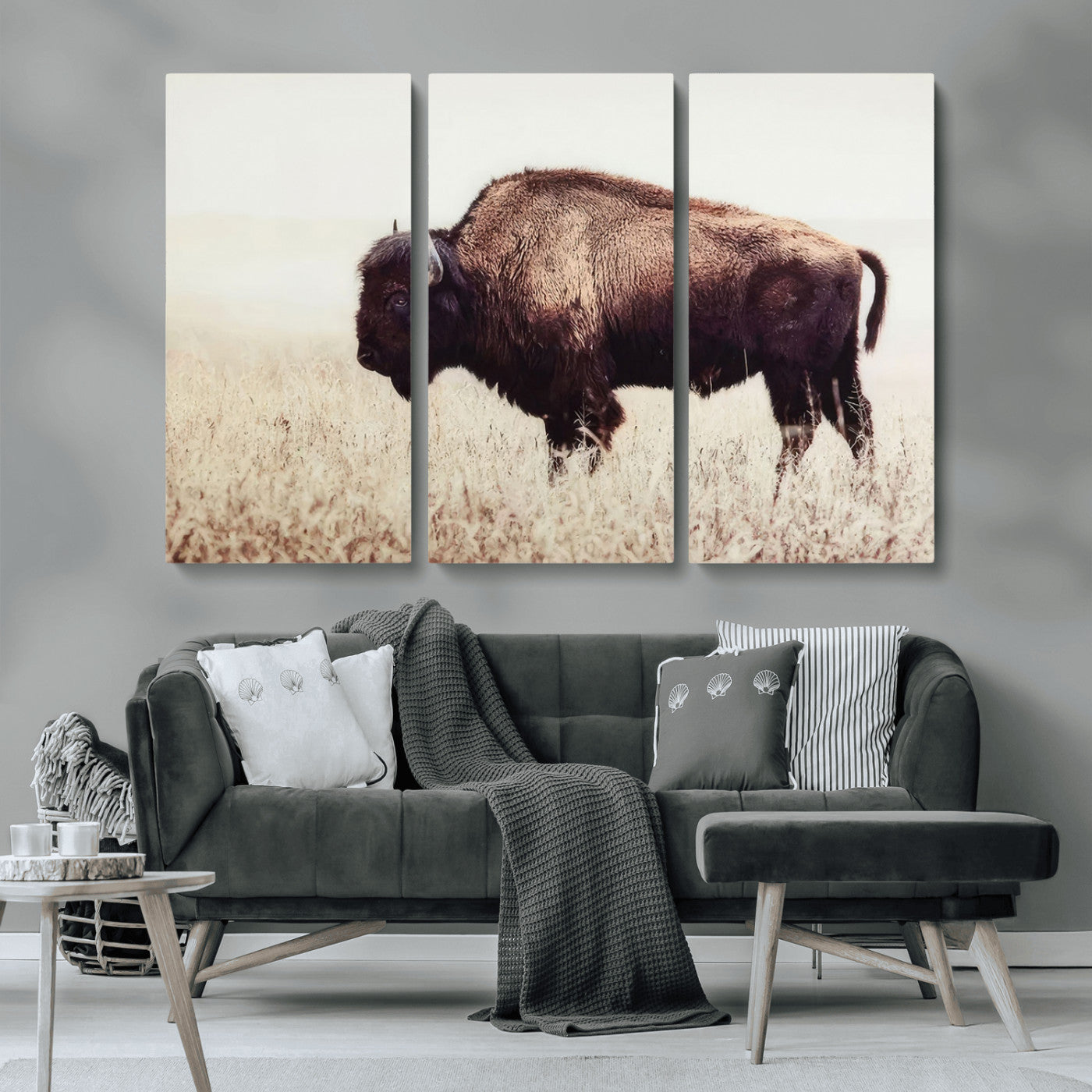 MGV-CV-48X32-3P - Bison in Field Wall Art Canvas Print For Farmhouse Barn Decor