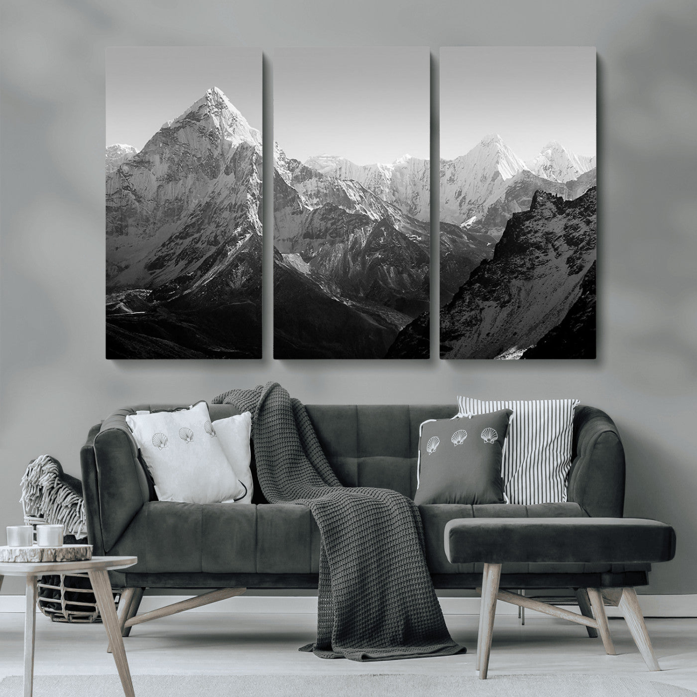 MGV-CV-48X32-3P - Everest Himalaya Mountain Peaks Black & White Triptych Canvas Art – Mountain Wall Decor for Minimalist Interiors
