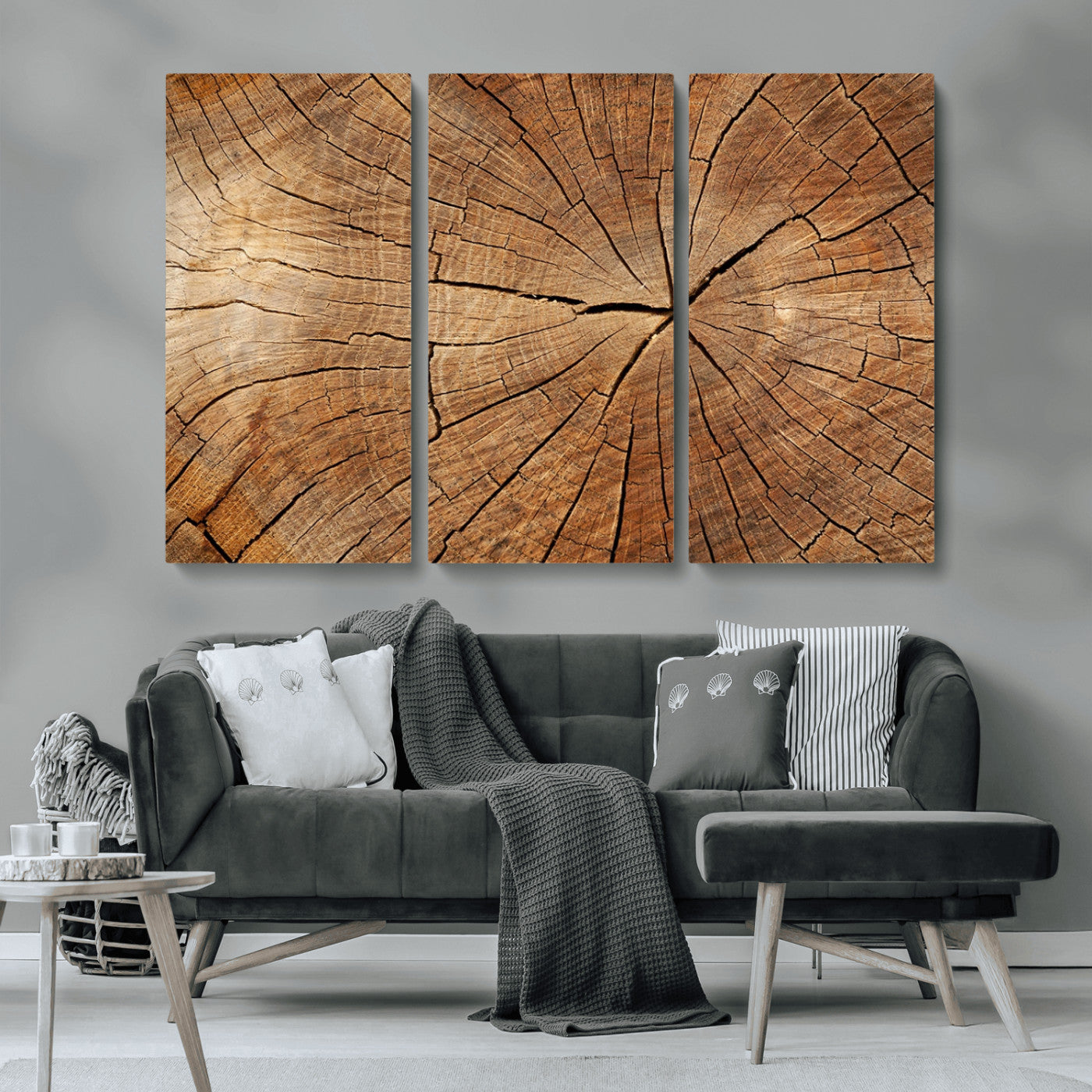 MGV-CV-48X32-3P - Tree Ring Canvas Art, Rustic Wood Grain Wall Art, Tree Slice Decor for Modern Homes, Giclee Multi-Panel Print, Tree Ring Wall Art Set