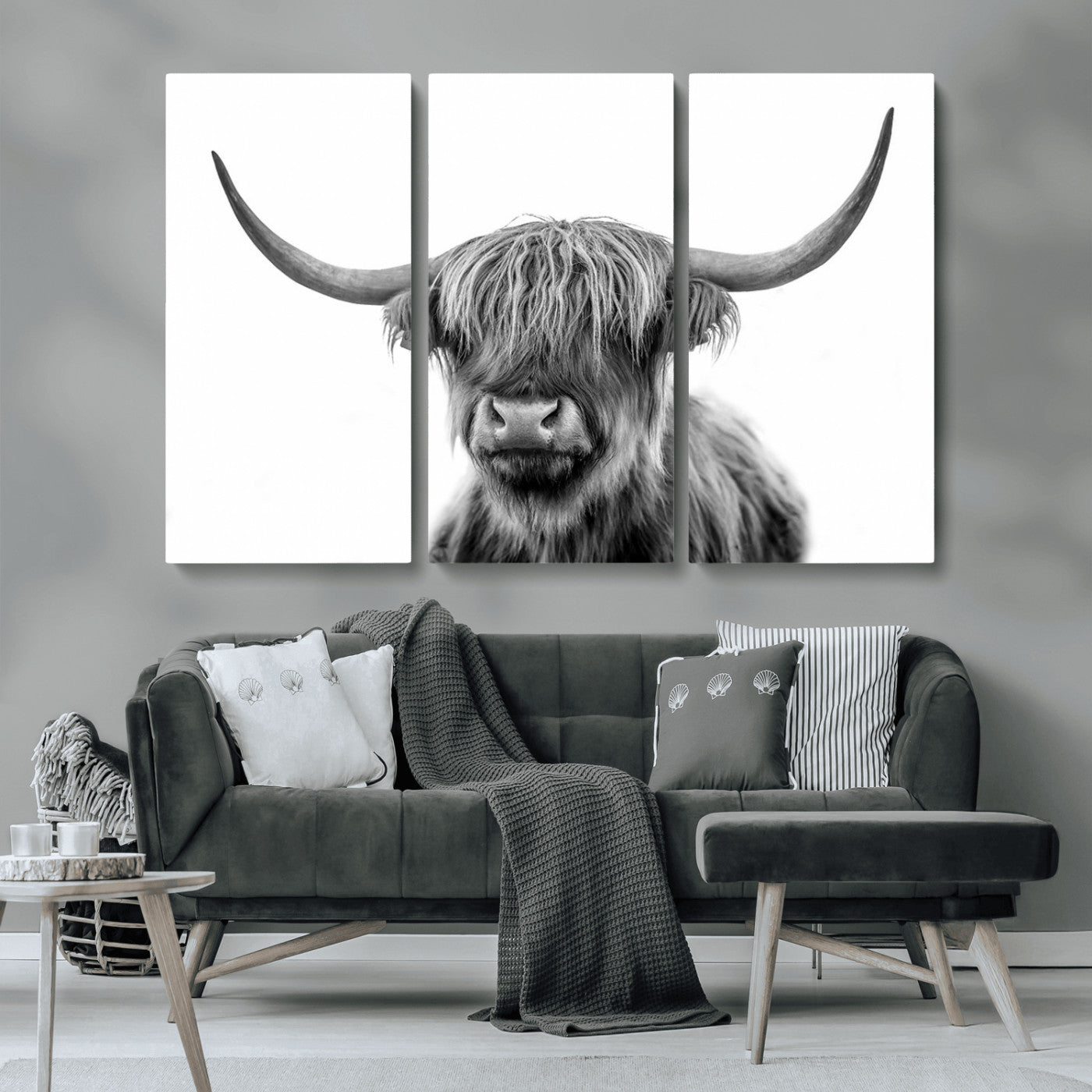 MGV-CV-48X32-3P - Grayscale Scottish Highland Cow Cattle Art Print Farmhouse Wall Art Canvas Print