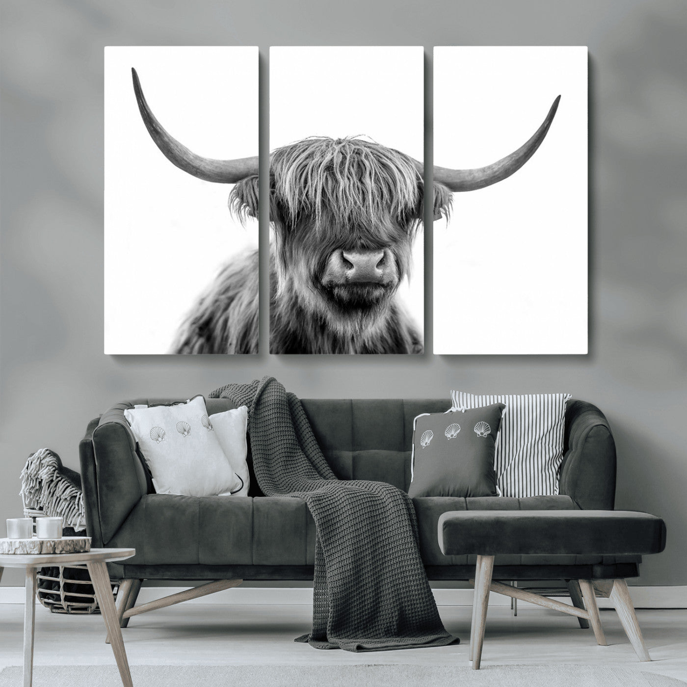 MGV-CV-48X32-3P - Scottish Highland Cow Cattle Art Print Wall Art Canvas Print for Farmhouse Decor, Framed Scottish
